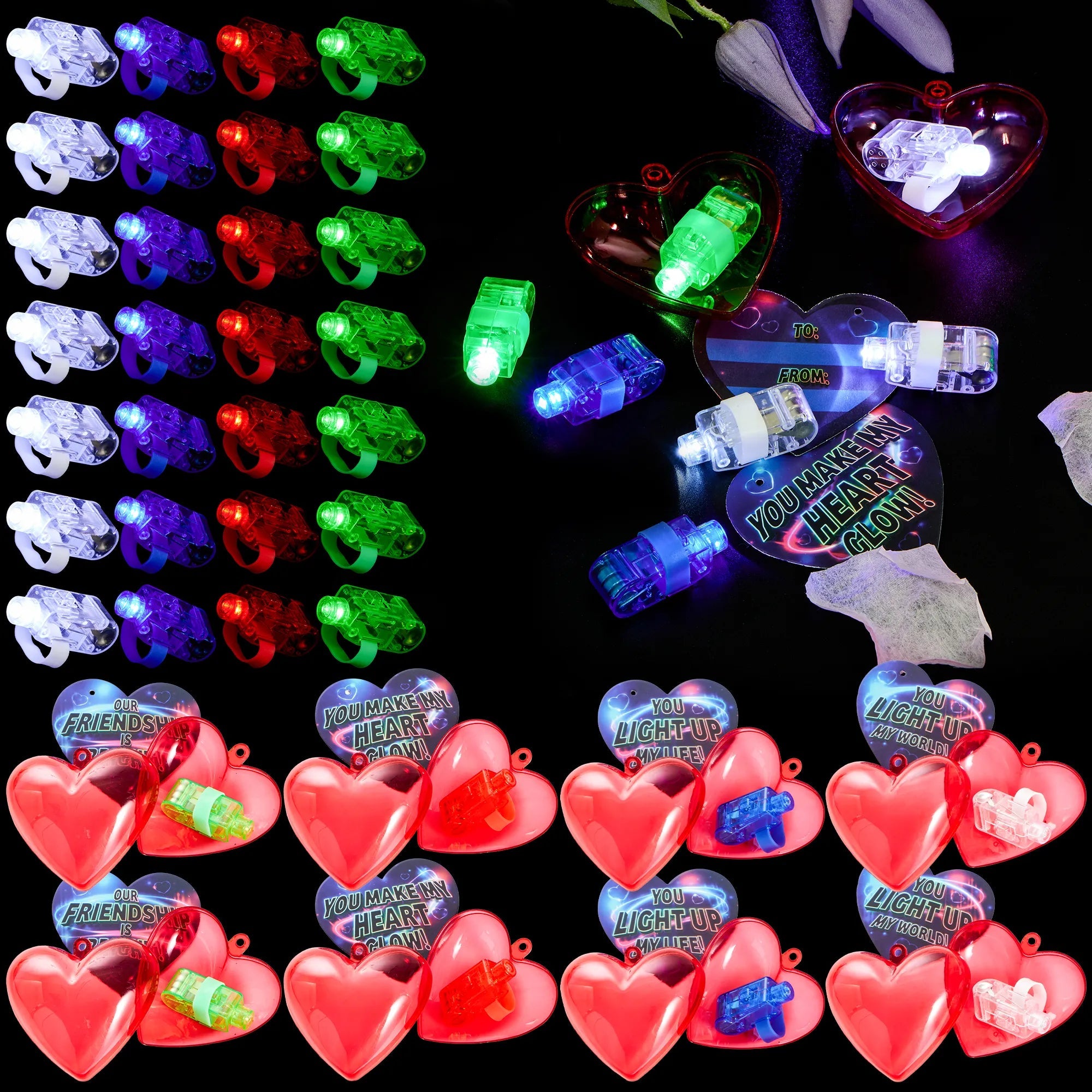 28-Piece LED Finger Light Heart Shells with Valentine's Day Cards for Kids Classroom Exchange Gifts