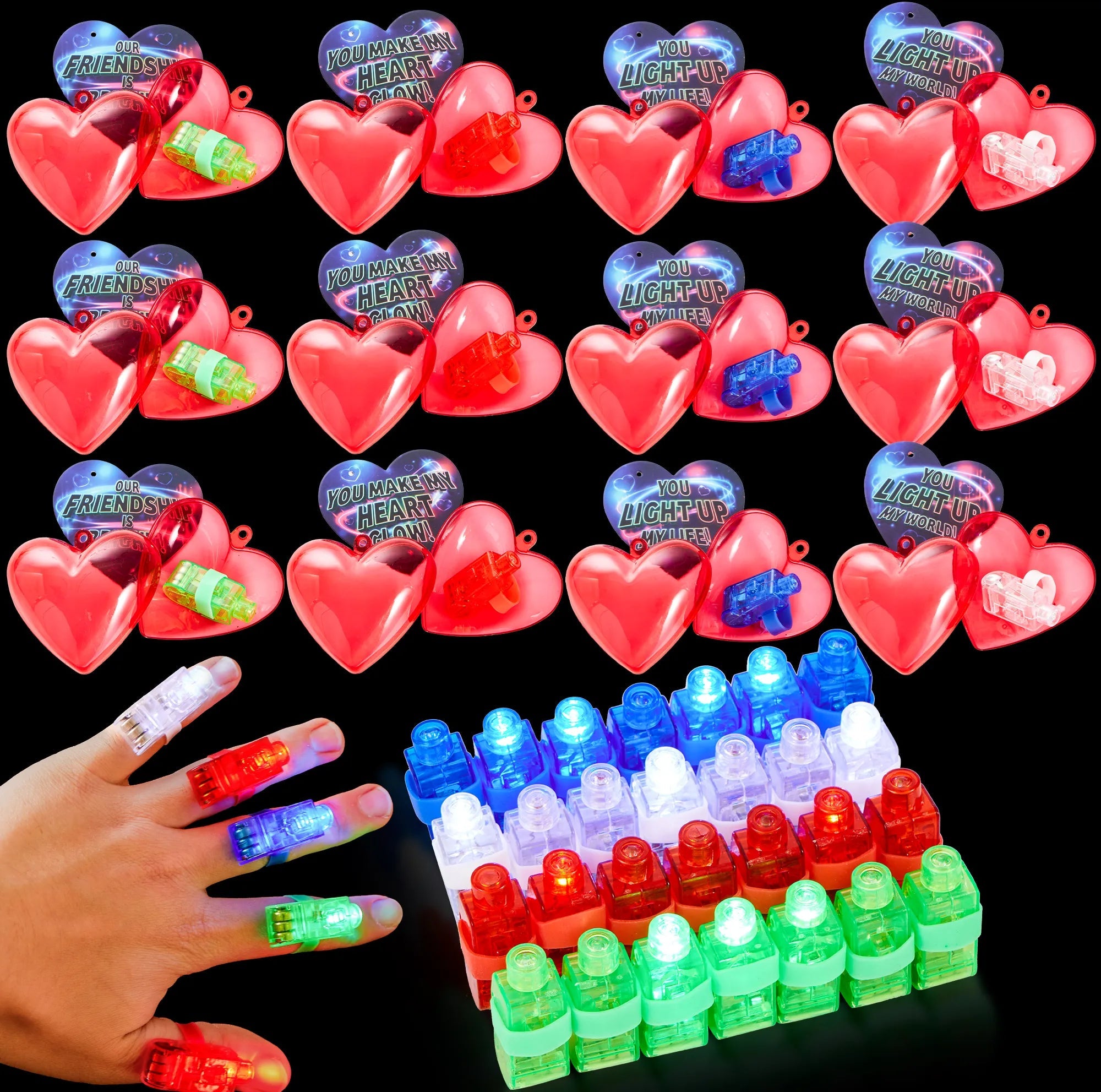 28-Piece LED Finger Light Heart Shells with Valentine's Day Cards for Kids Classroom Exchange Gifts