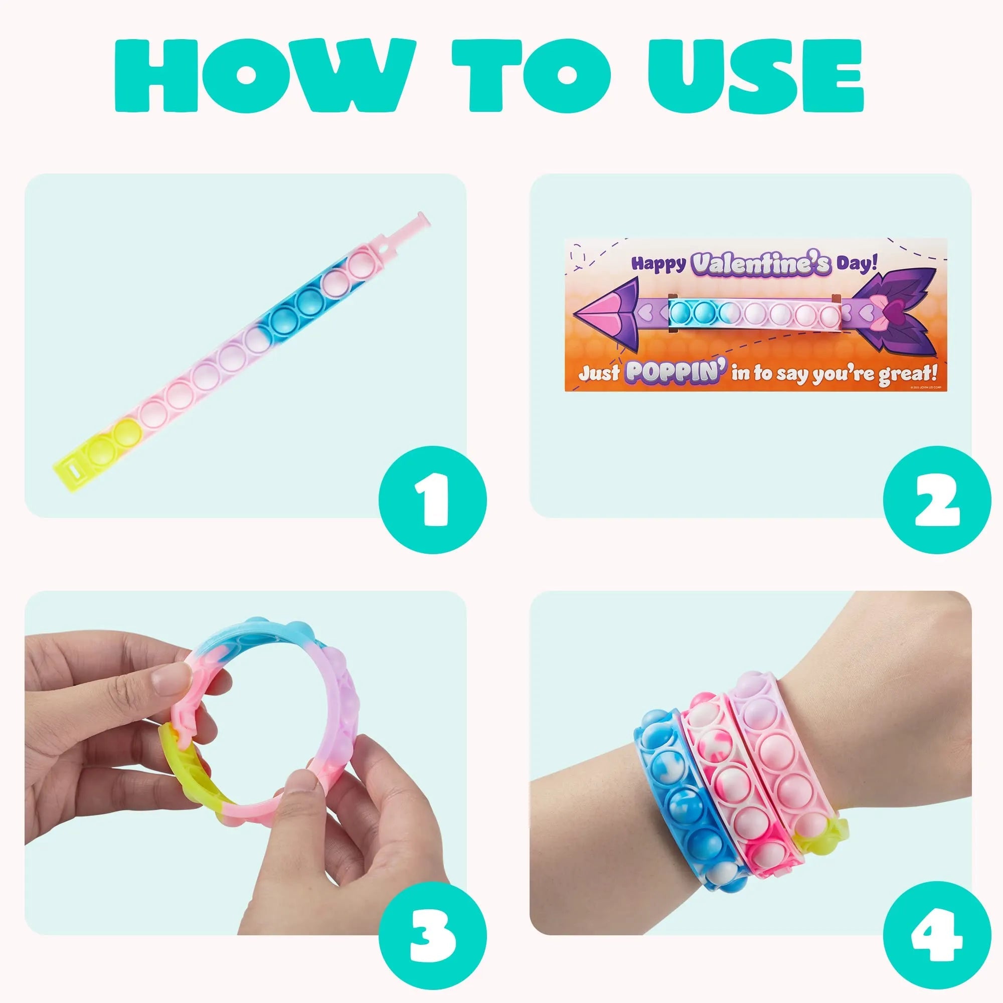 28 Pcs Kids Valentine's Cards with Pop Bubble Bracelets - Classroom Exchange Gifts