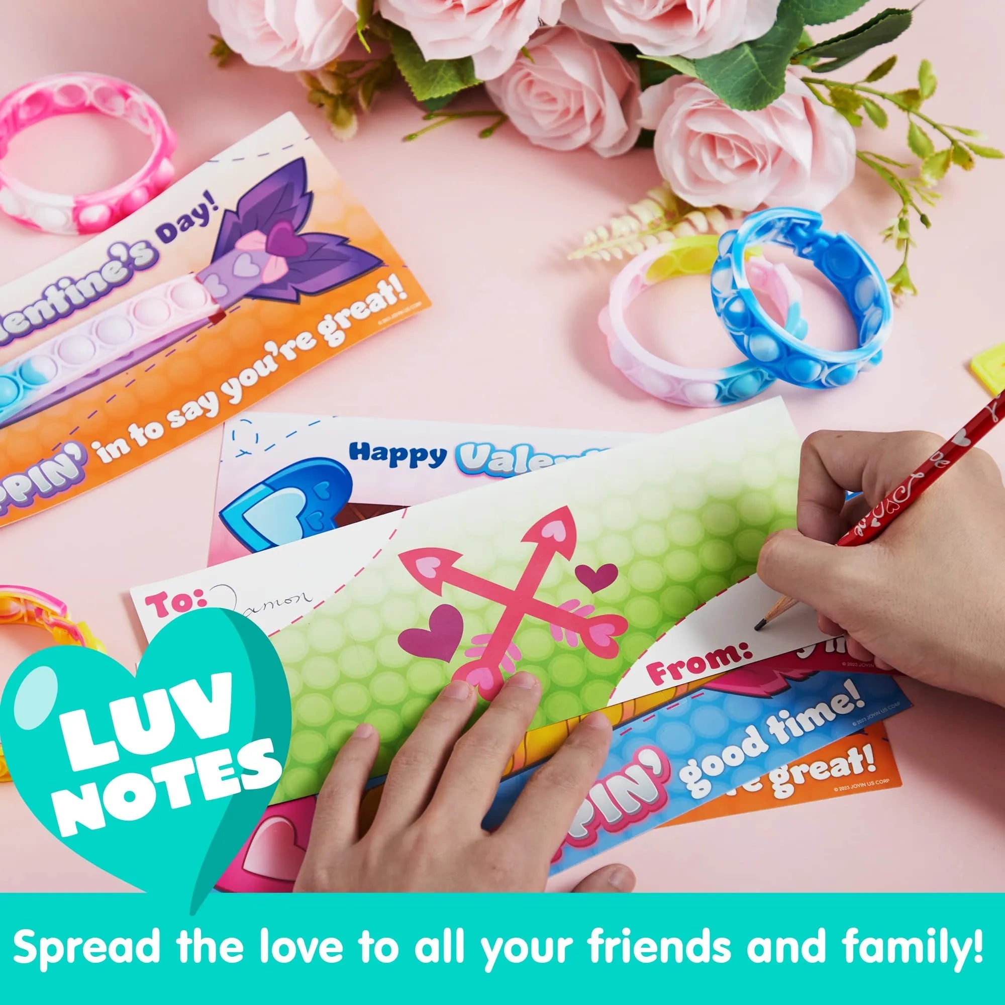28 Pcs Kids Valentine's Cards with Pop Bubble Bracelets - Classroom Exchange Gifts