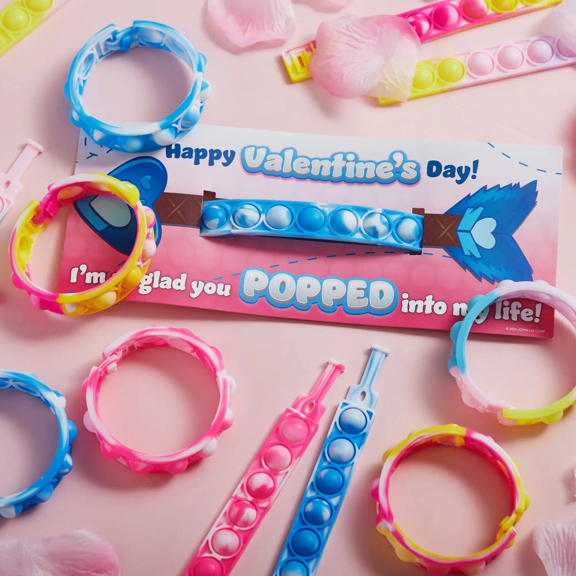 28 Pcs Kids Valentine's Cards with Pop Bubble Bracelets - Classroom Exchange Gifts