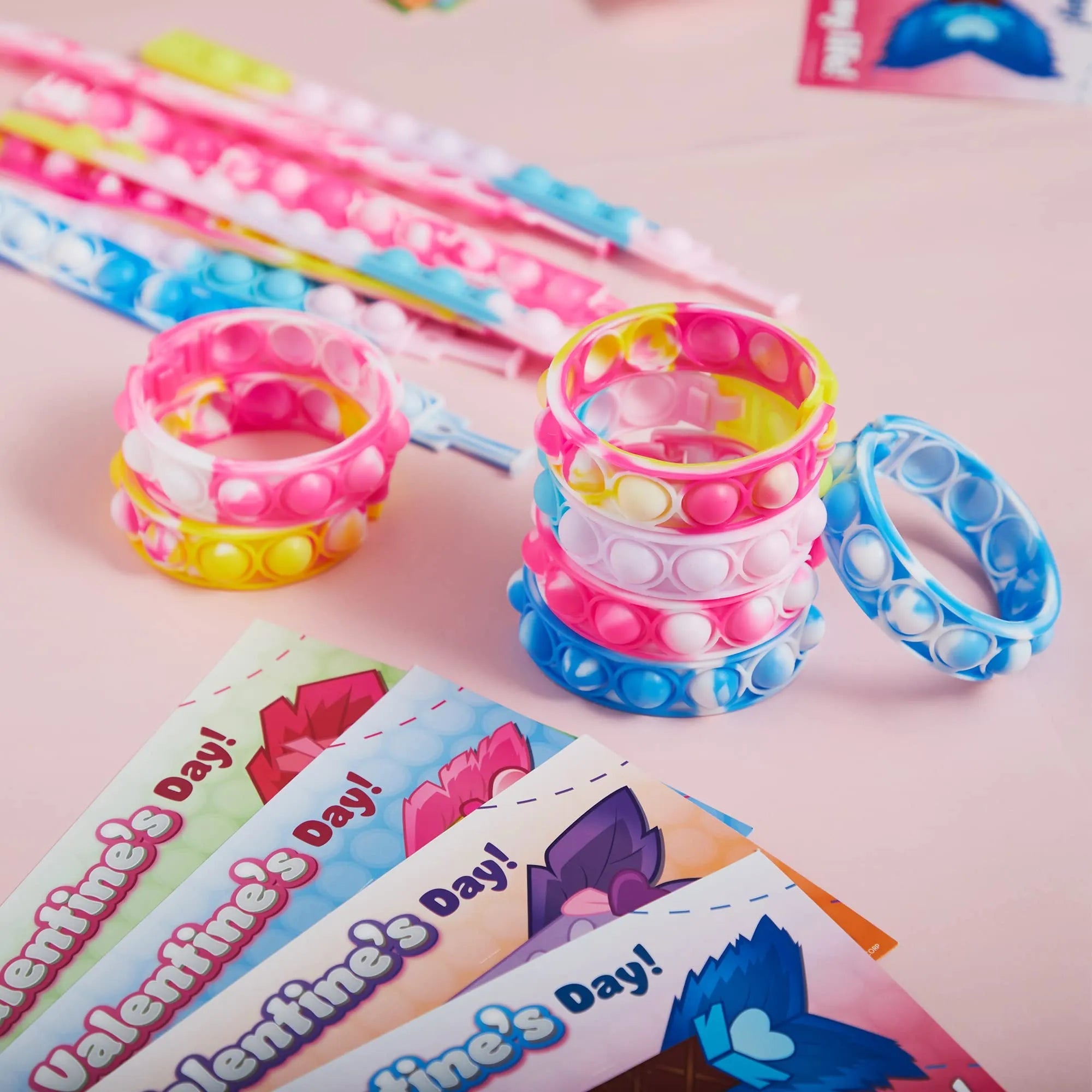 28 Pcs Kids Valentine's Cards with Pop Bubble Bracelets - Classroom Exchange Gifts