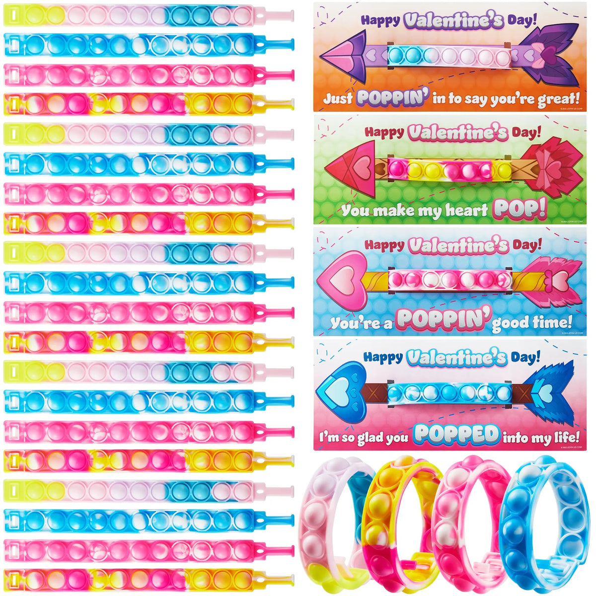 28 Pcs Kids Valentine's Cards with Pop Bubble Bracelets - Classroom Exchange Gifts
