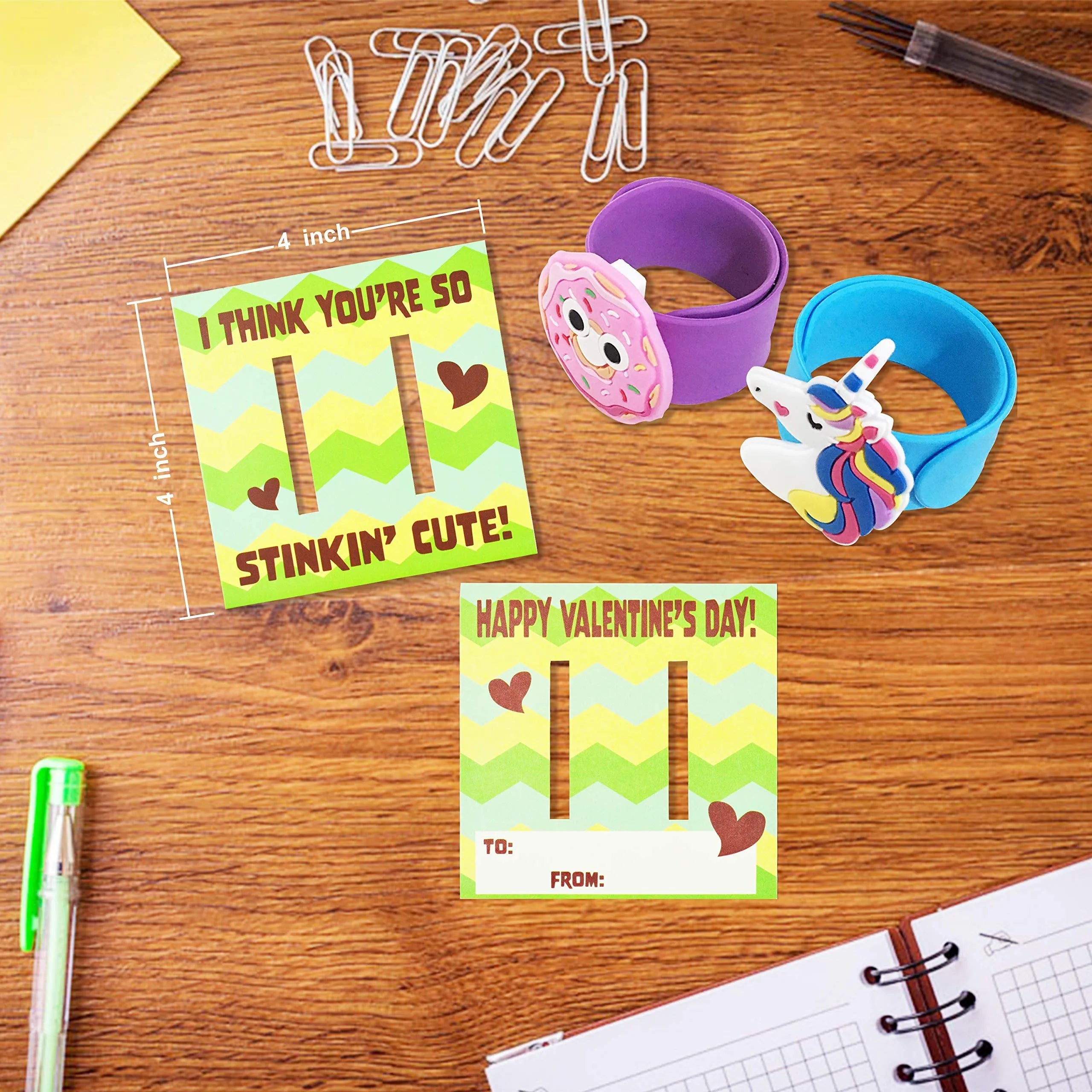 28Pcs Kids Valentine's Cards with Charm Slap Bracelet - Classroom Exchange Gifts