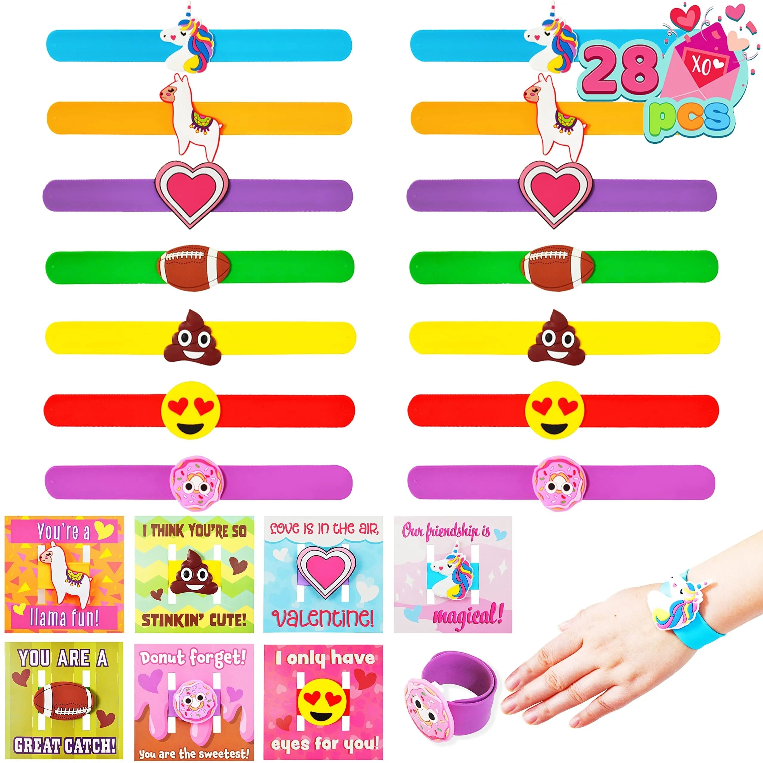 28Pcs Kids Valentine's Cards with Charm Slap Bracelet - Classroom Exchange Gifts