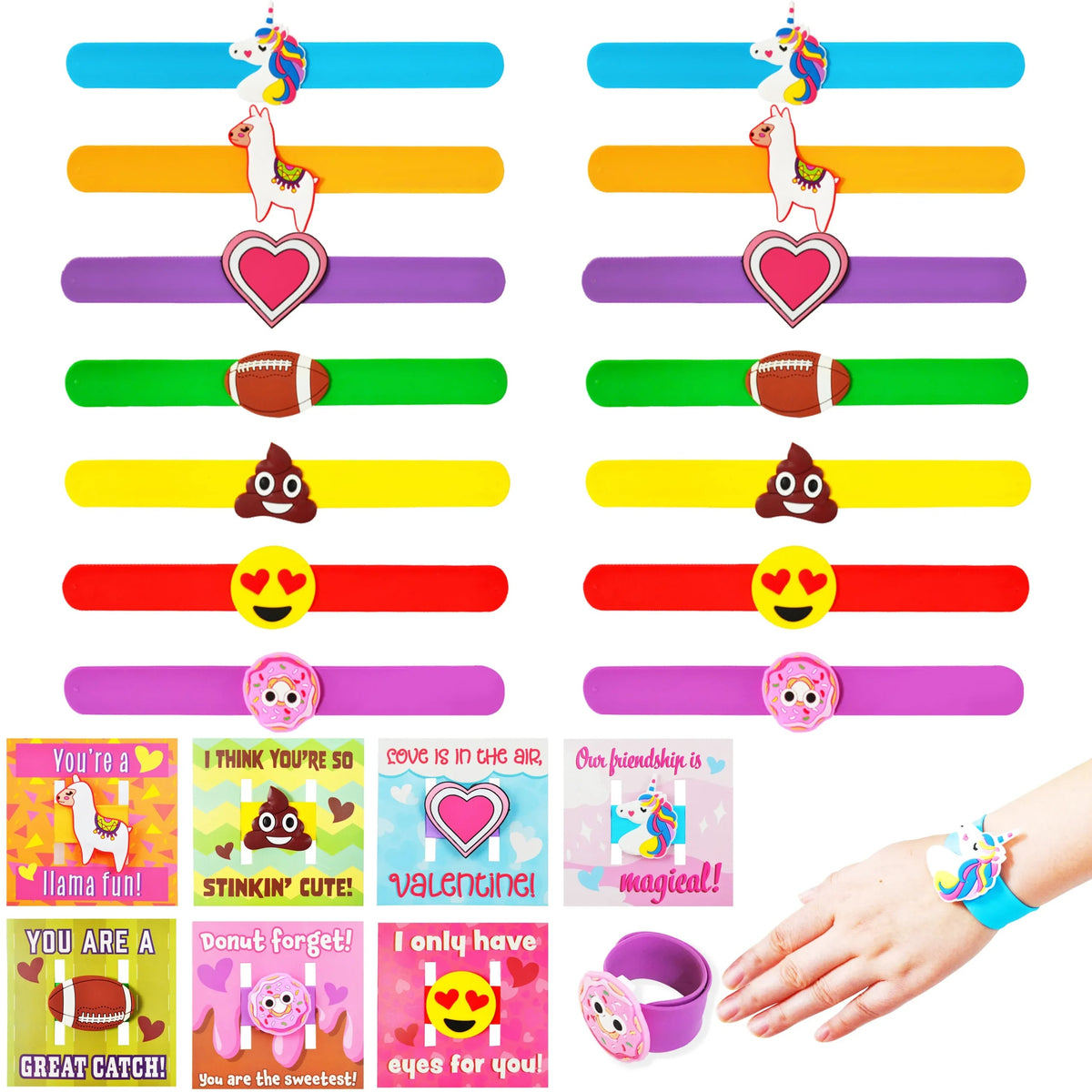 28Pcs Kids Valentine's Cards with Charm Slap Bracelet - Classroom Exchange Gifts