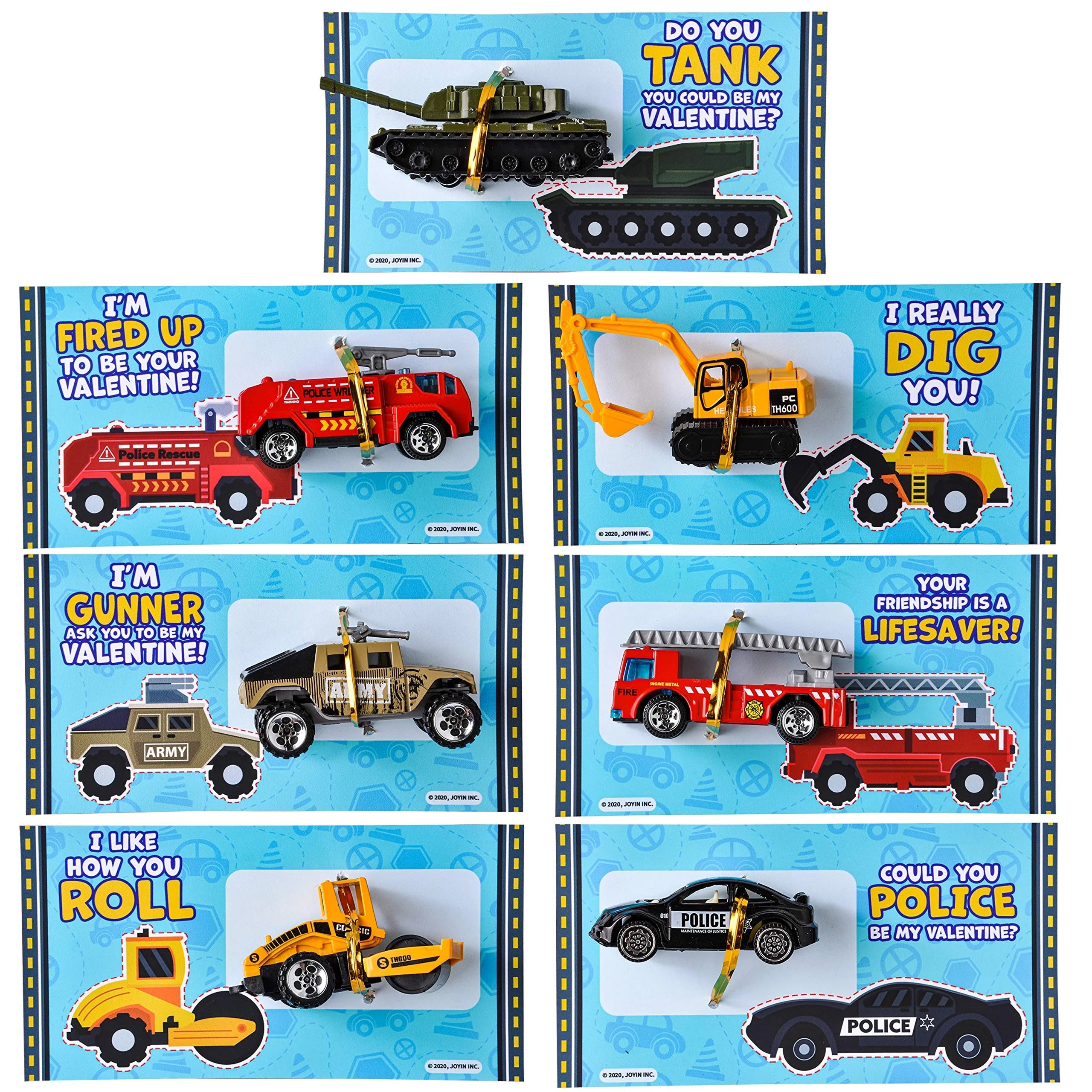 28-Pack Kids Valentine's Cards with Die-Cast City Vehicle Toys - Classroom Exchange Gifts