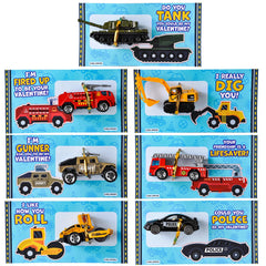 28-Pack Kids Valentine's Cards with Die-Cast City Vehicle Toys - Classroom Exchange Gifts