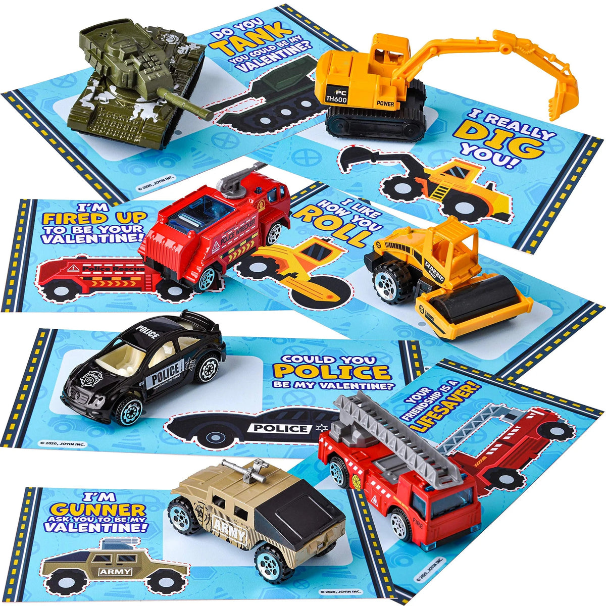 28-Pack Kids Valentine's Cards with Die-Cast City Vehicle Toys - Classroom Exchange Gifts