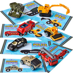 28-Pack Kids Valentine's Cards with Die-Cast City Vehicle Toys - Classroom Exchange Gifts