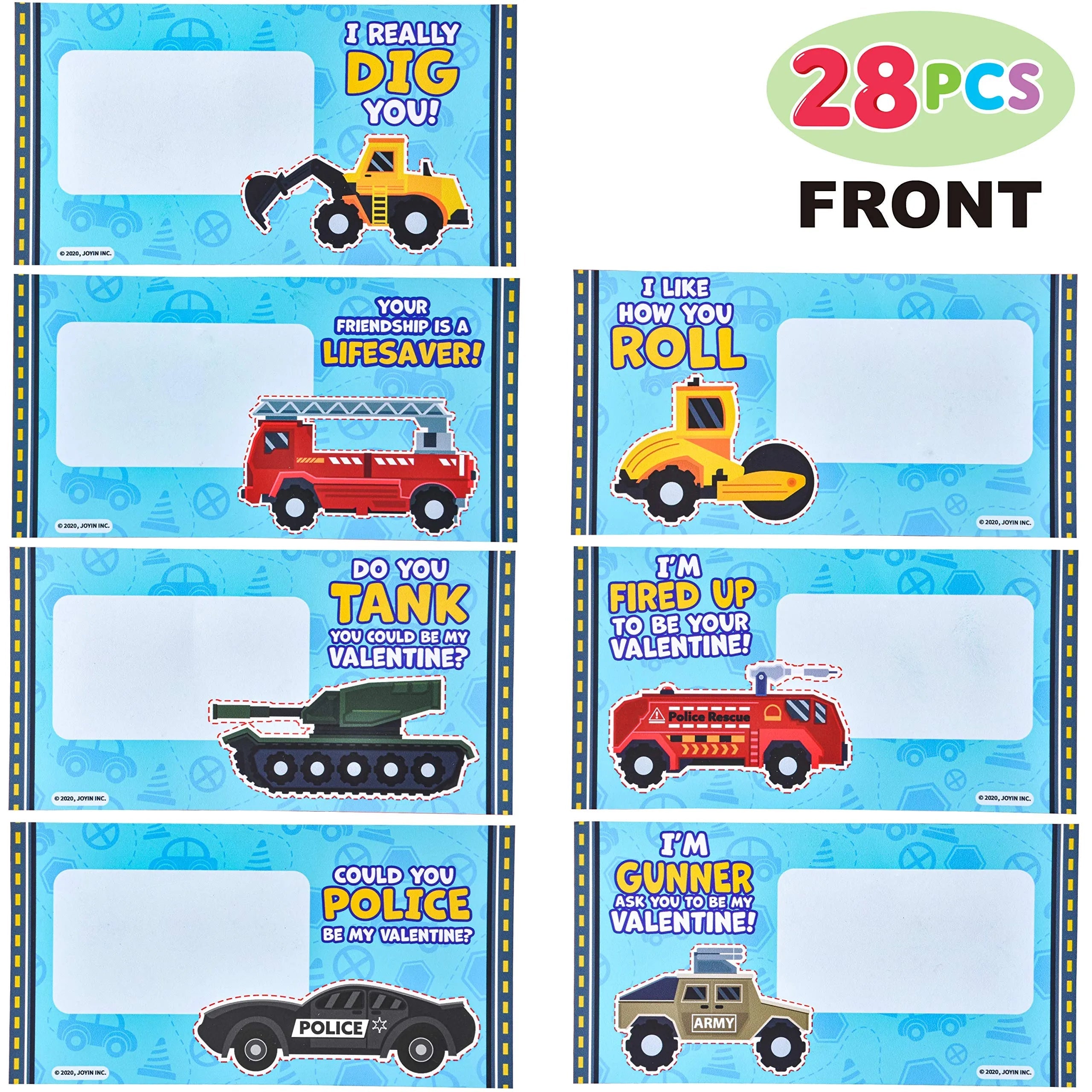 28-Pack Kids Valentine's Cards with Die-Cast City Vehicle Toys - Classroom Exchange Gifts