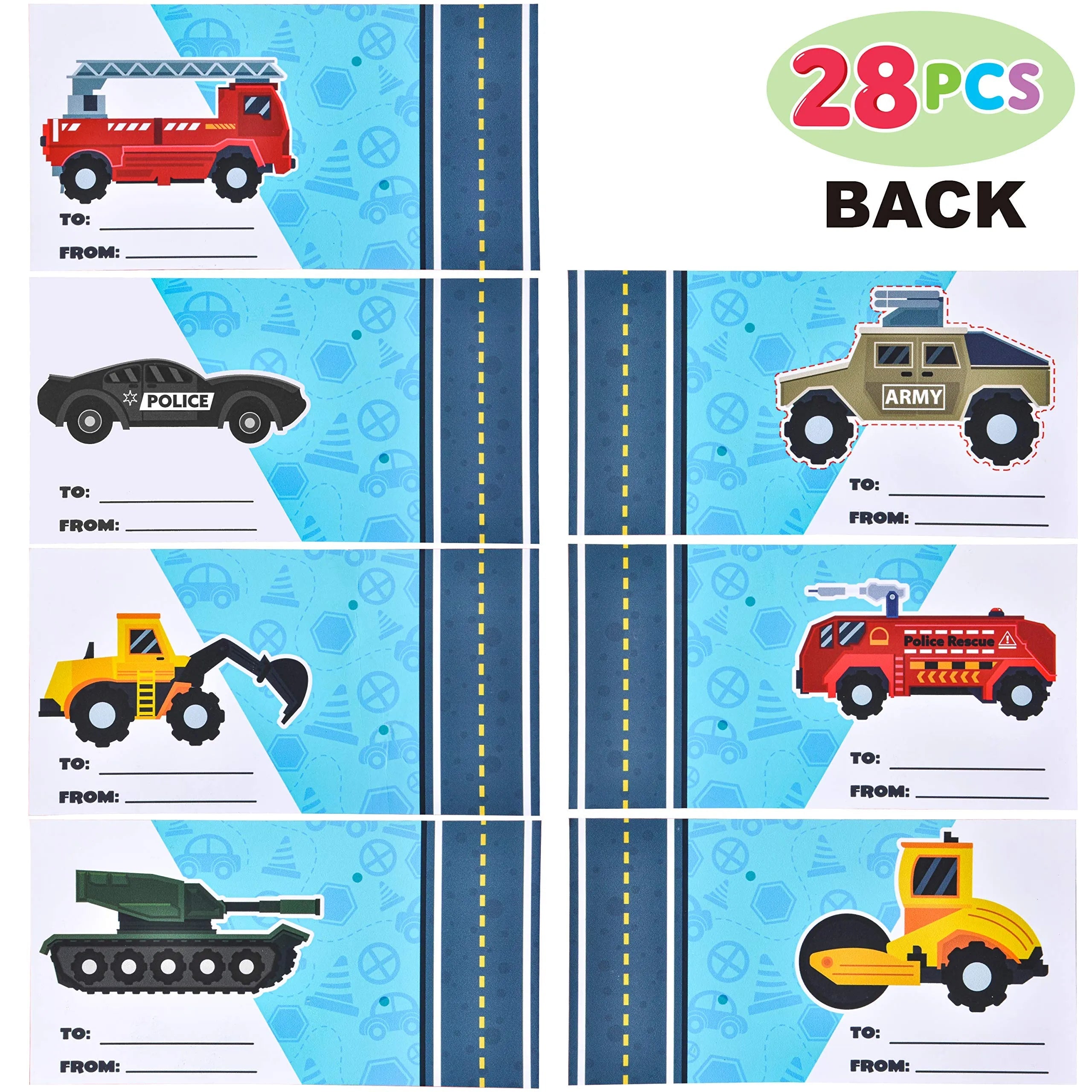 28-Pack Kids Valentine's Cards with Die-Cast City Vehicle Toys - Classroom Exchange Gifts