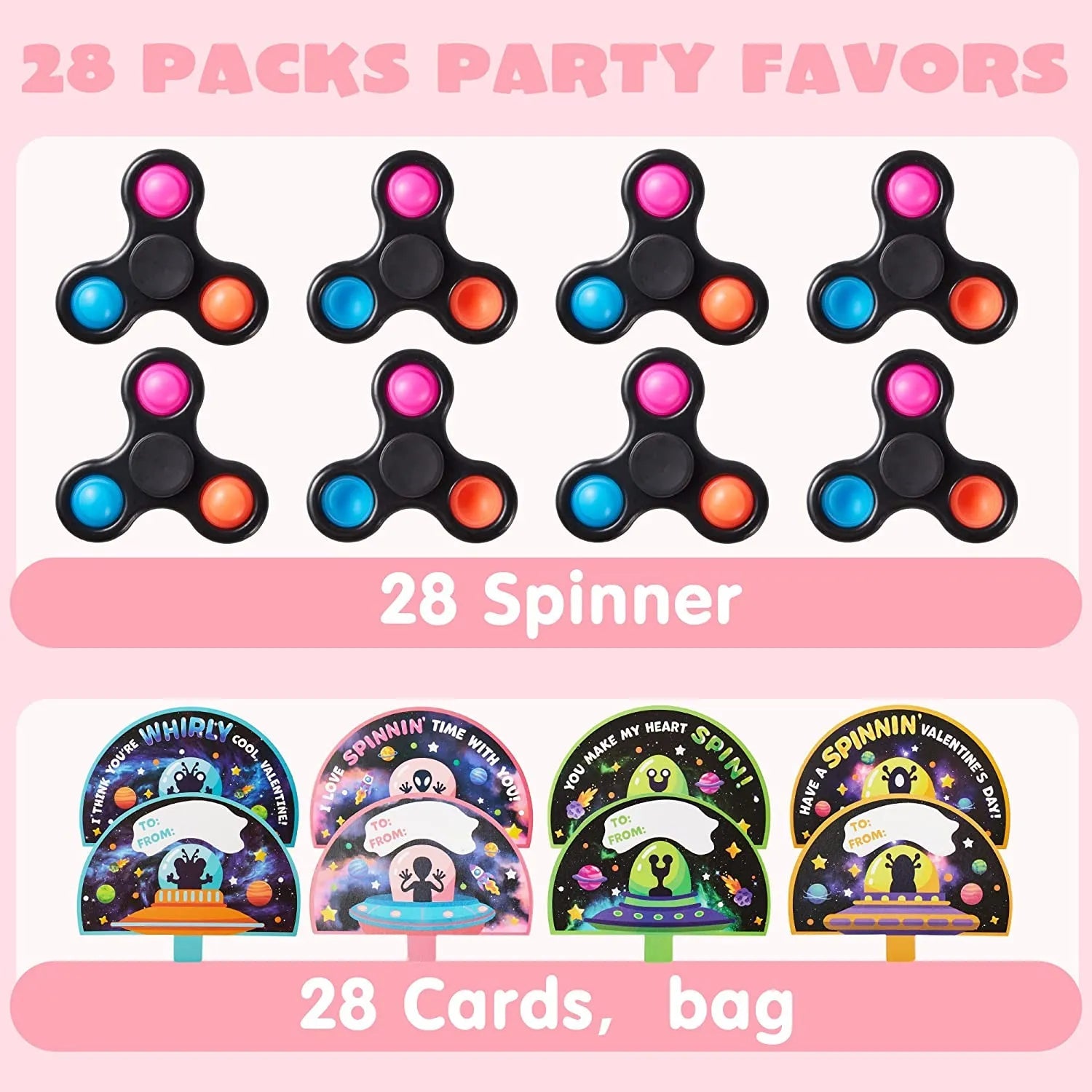 28-Pack Valentine's Day Cards for Kids with Spinning Tops - Classroom Exchange Gifts