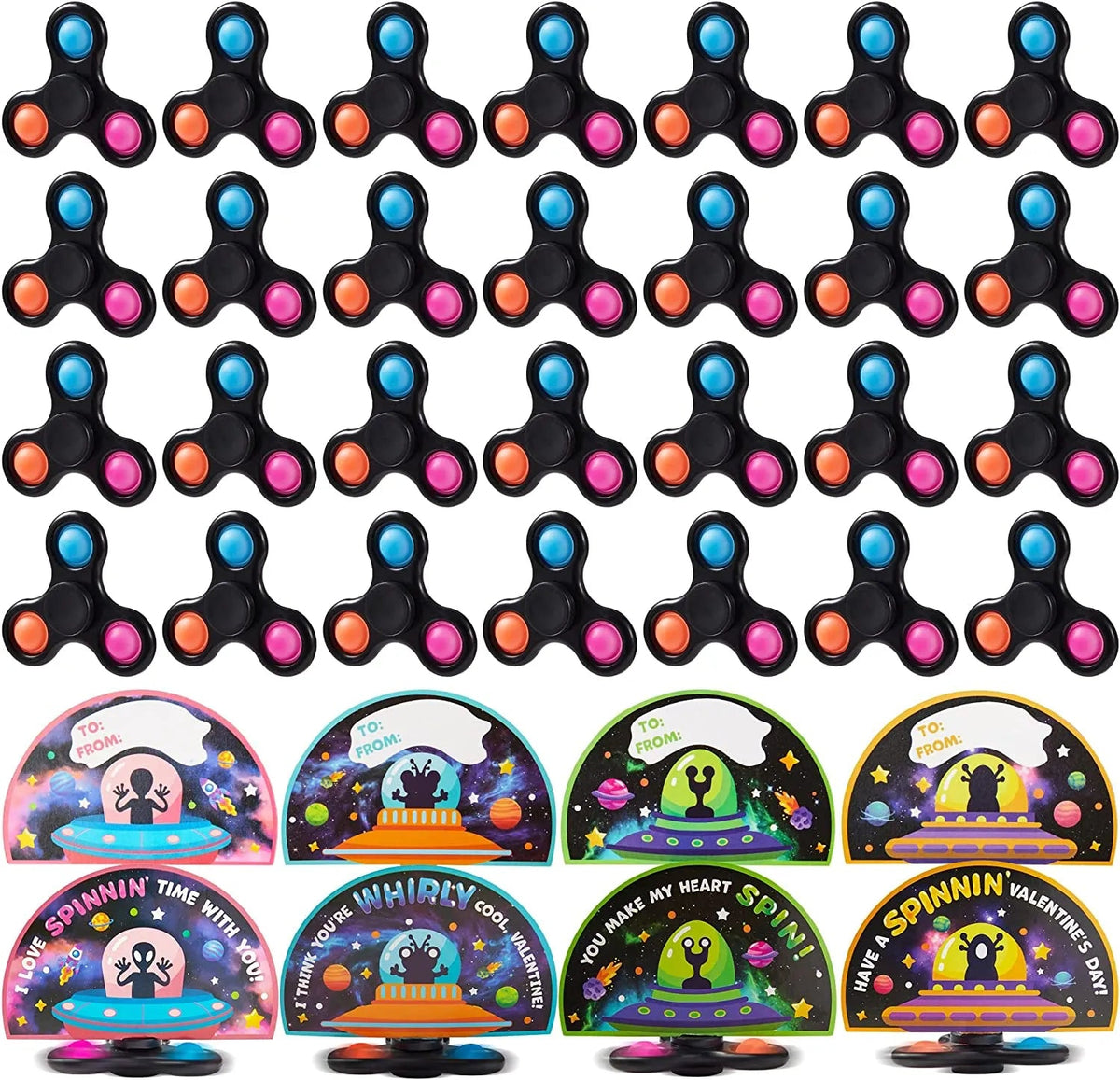 28-Pack Valentine's Day Cards for Kids with Spinning Tops - Classroom Exchange Gifts