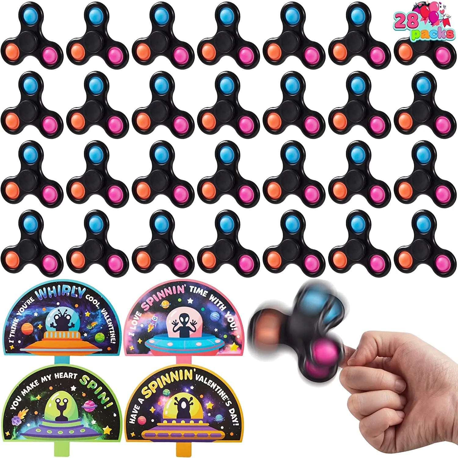 28-Pack Valentine's Day Cards for Kids with Spinning Tops - Classroom Exchange Gifts