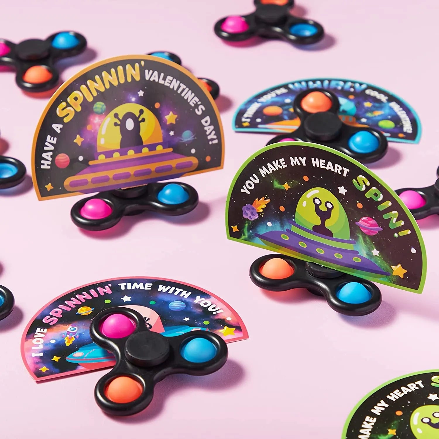 28-Pack Valentine's Day Cards for Kids with Spinning Tops - Classroom Exchange Gifts