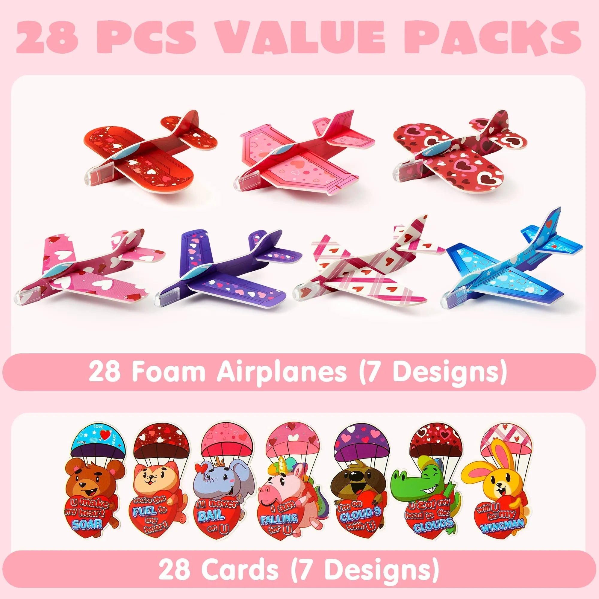 28-Pack Kids Valentine's Day Cards with Foam Airplanes - Classroom Exchange Gifts