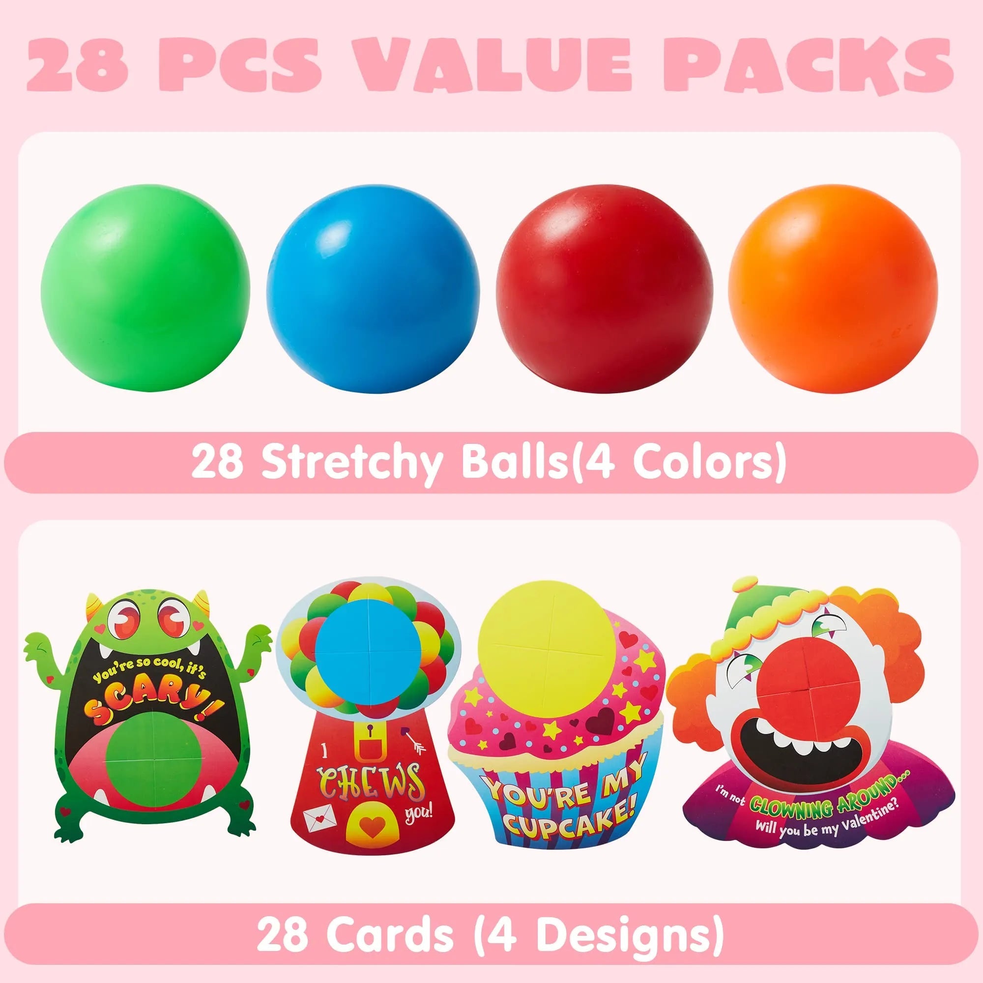 28Pcs Kids Valentine's Cards with Mini Squeeze Balls Set - Classroom Exchange Gifts