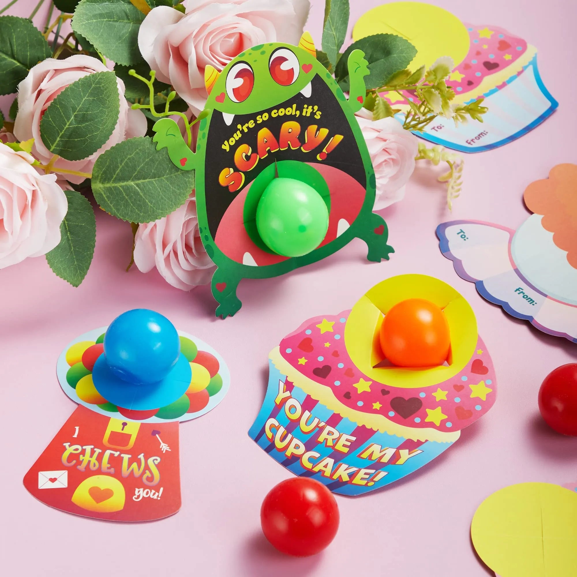 28Pcs Kids Valentine's Cards with Mini Squeeze Balls Set - Classroom Exchange Gifts
