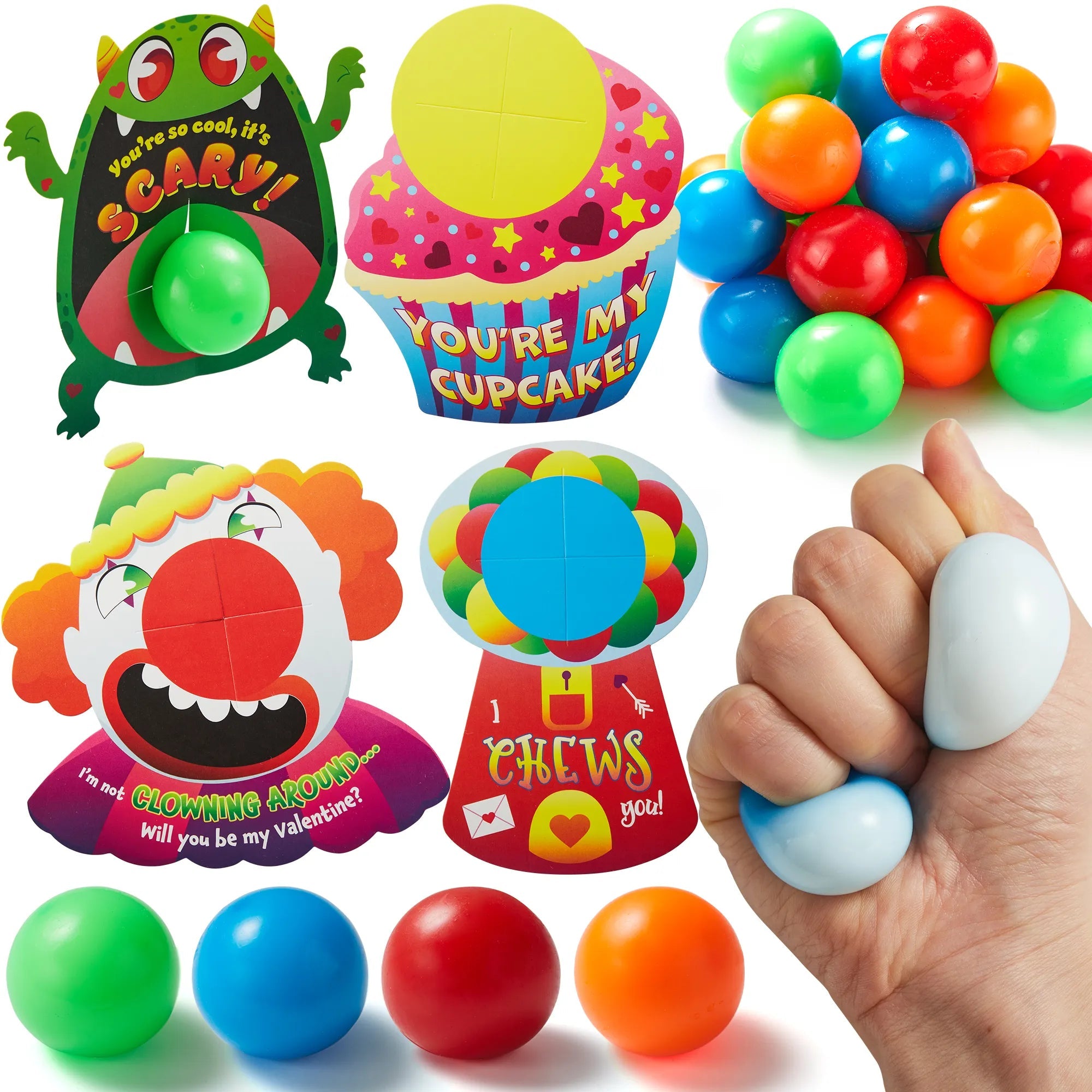 28Pcs Kids Valentine's Cards with Mini Squeeze Balls Set - Classroom Exchange Gifts