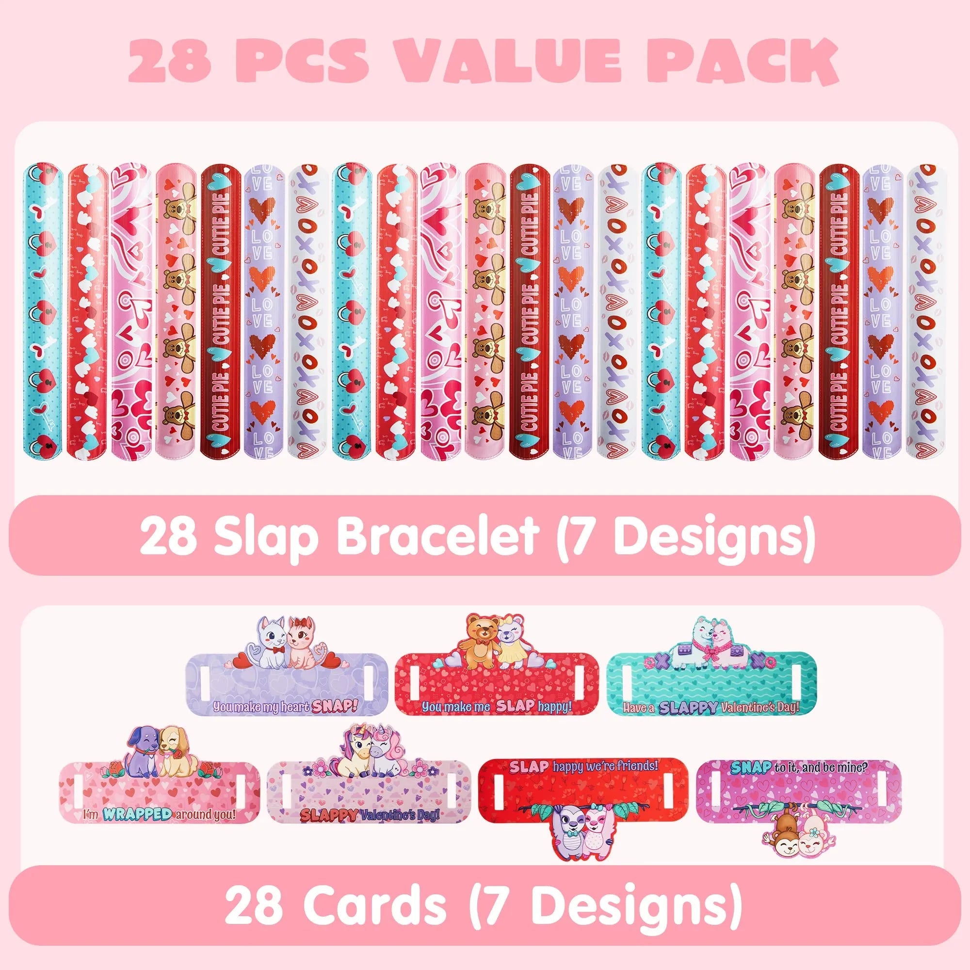 28-Pack Valentine's Day Cards for Kids with Slap Bracelets - Classroom Exchange Gifts