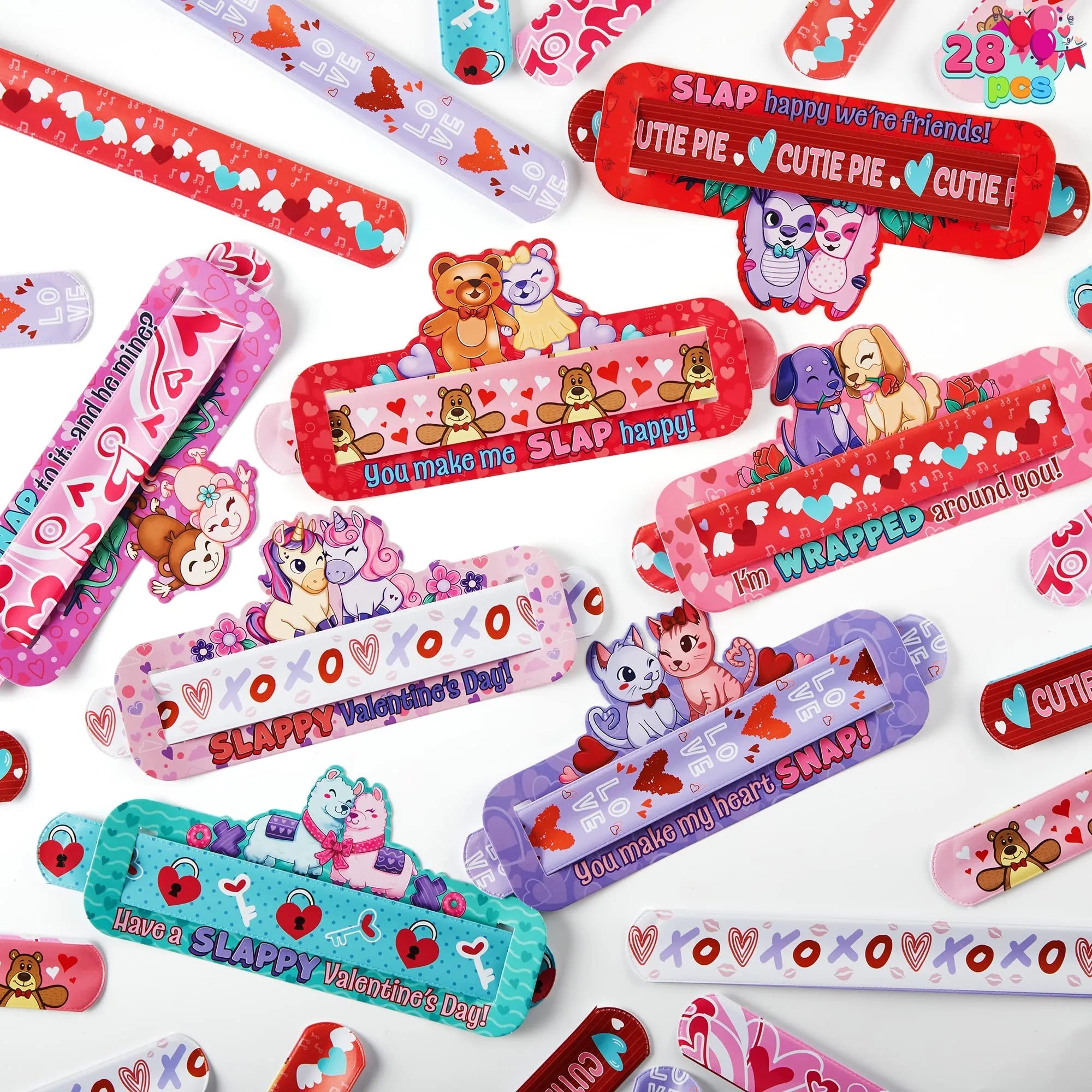 28-Pack Valentine's Day Cards for Kids with Slap Bracelets - Classroom Exchange Gifts