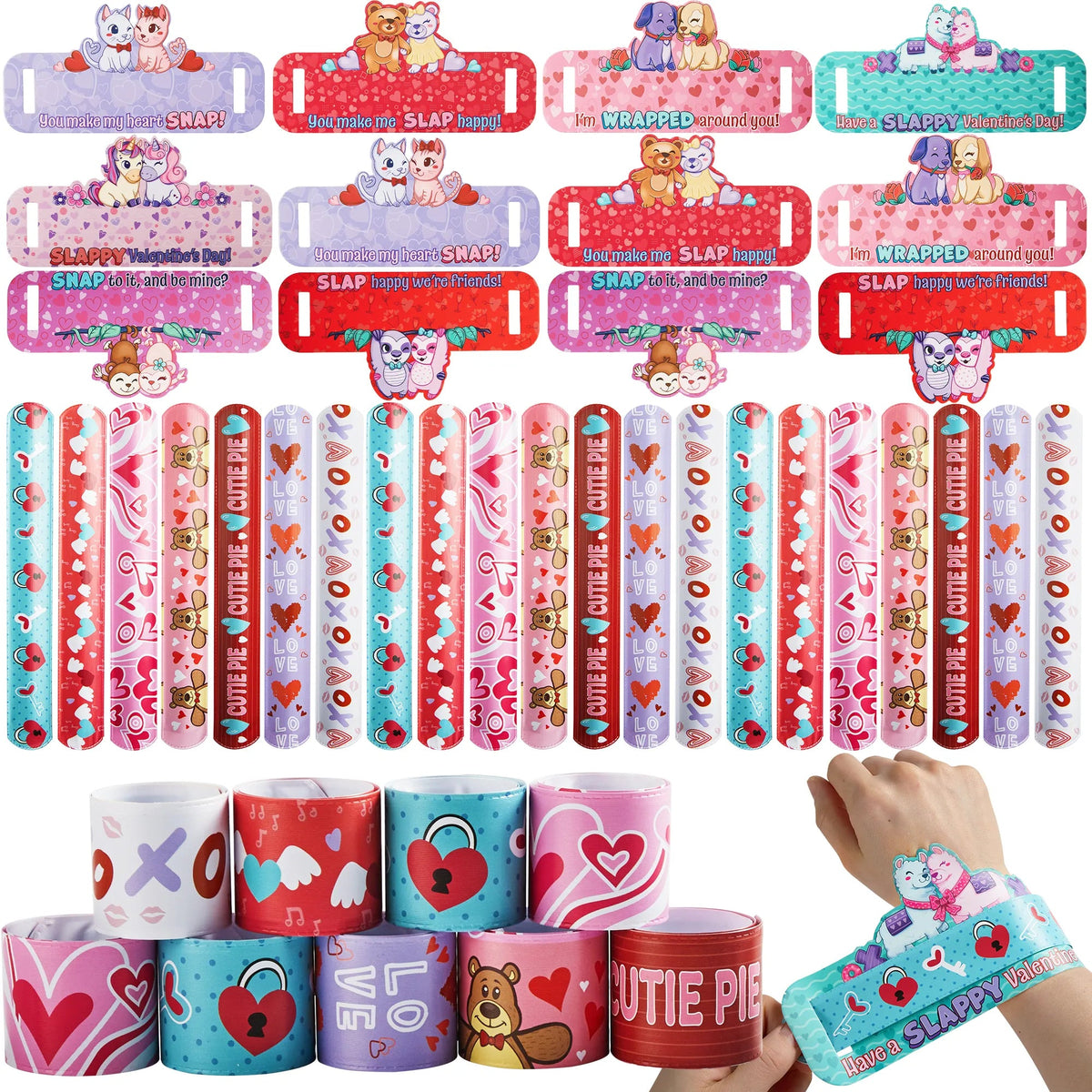 28-Pack Valentine's Day Cards for Kids with Slap Bracelets - Classroom Exchange Gifts