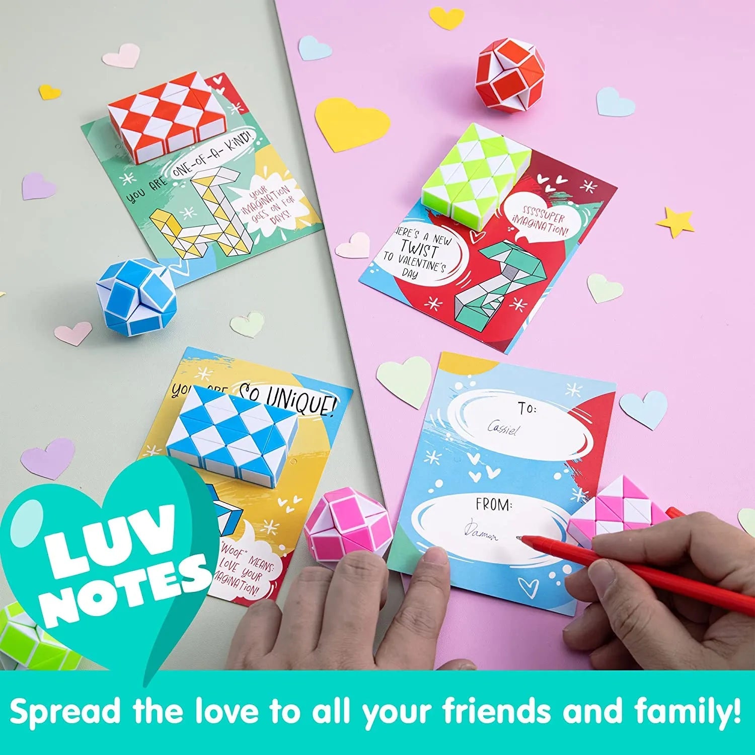 28Pcs Kids Valentine's Cards with Snake Cube Twist Puzzles - Classroom Exchange Gifts
