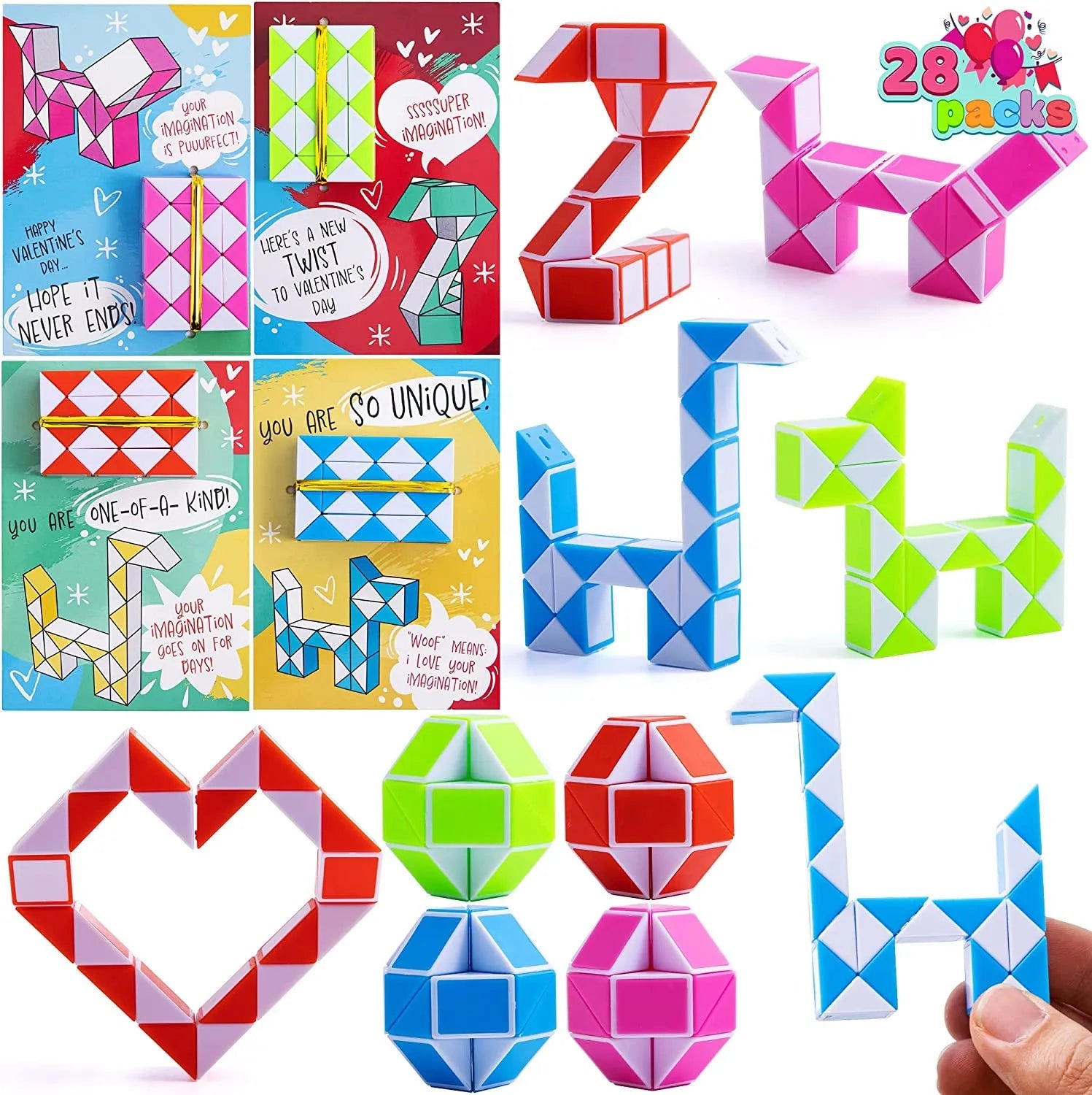 28Pcs Kids Valentine's Cards with Snake Cube Twist Puzzles - Classroom Exchange Gifts