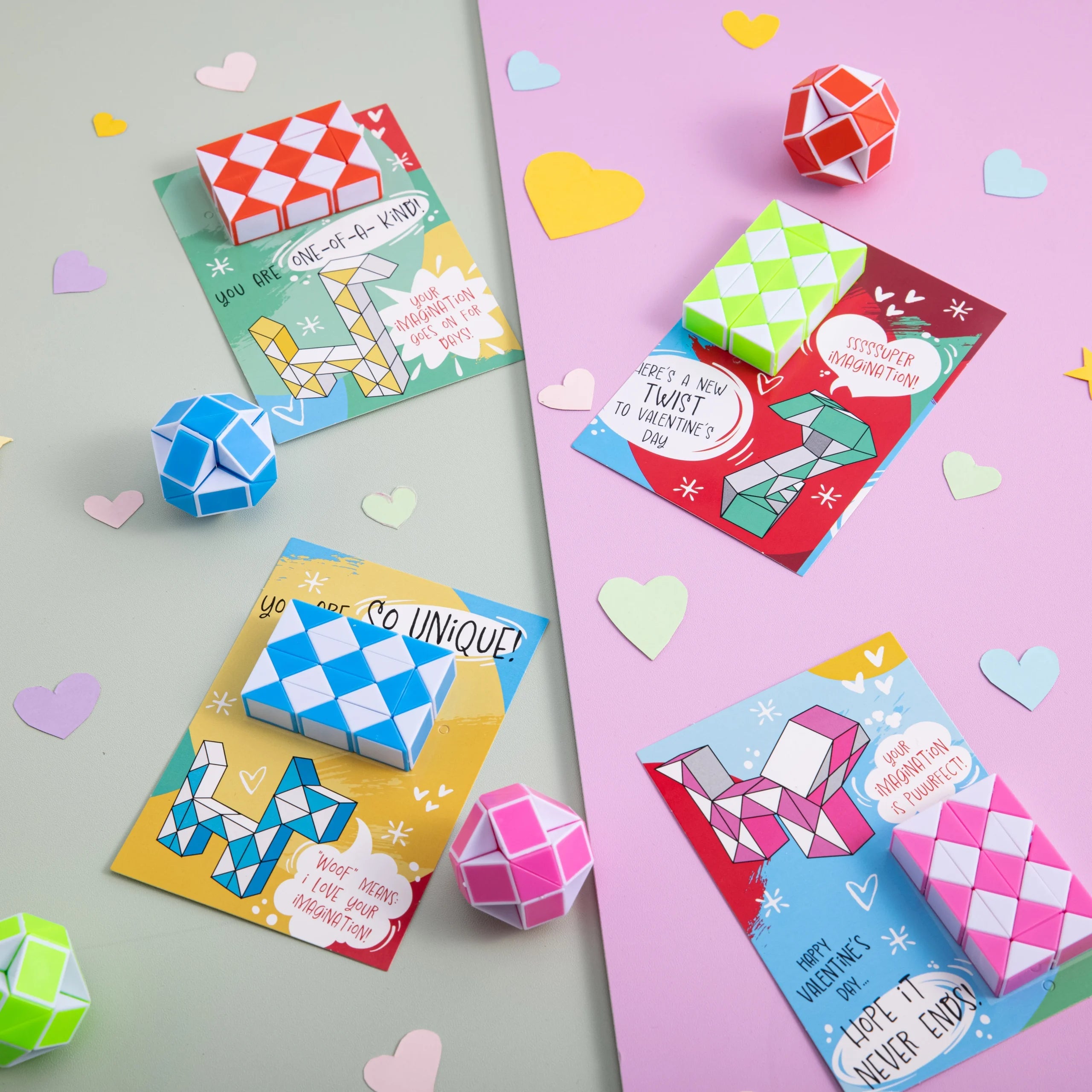 28Pcs Kids Valentine's Cards with Snake Cube Twist Puzzles - Classroom Exchange Gifts