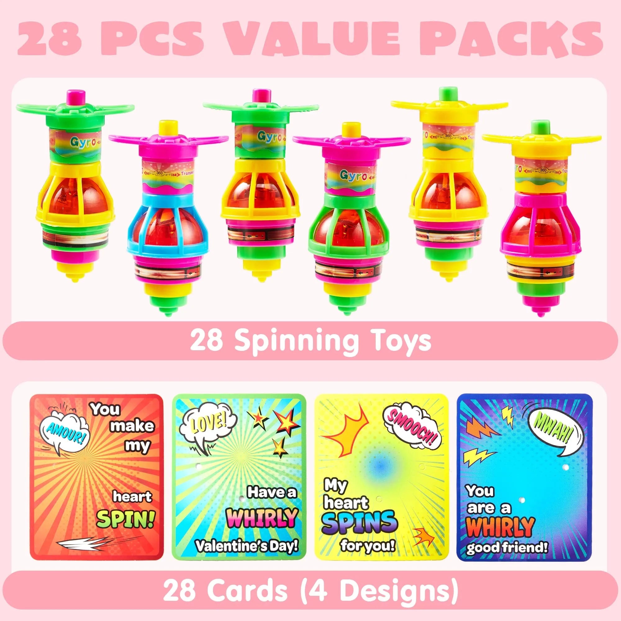 28pcs Light up Spinning Tops with Kids Valentines Exchange Cards