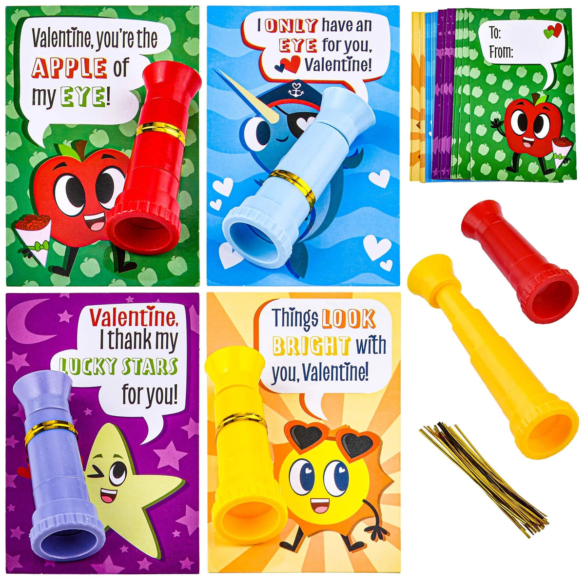 28Pcs Kids Valentine's Cards with Telescopes - Classroom Exchange Gifts