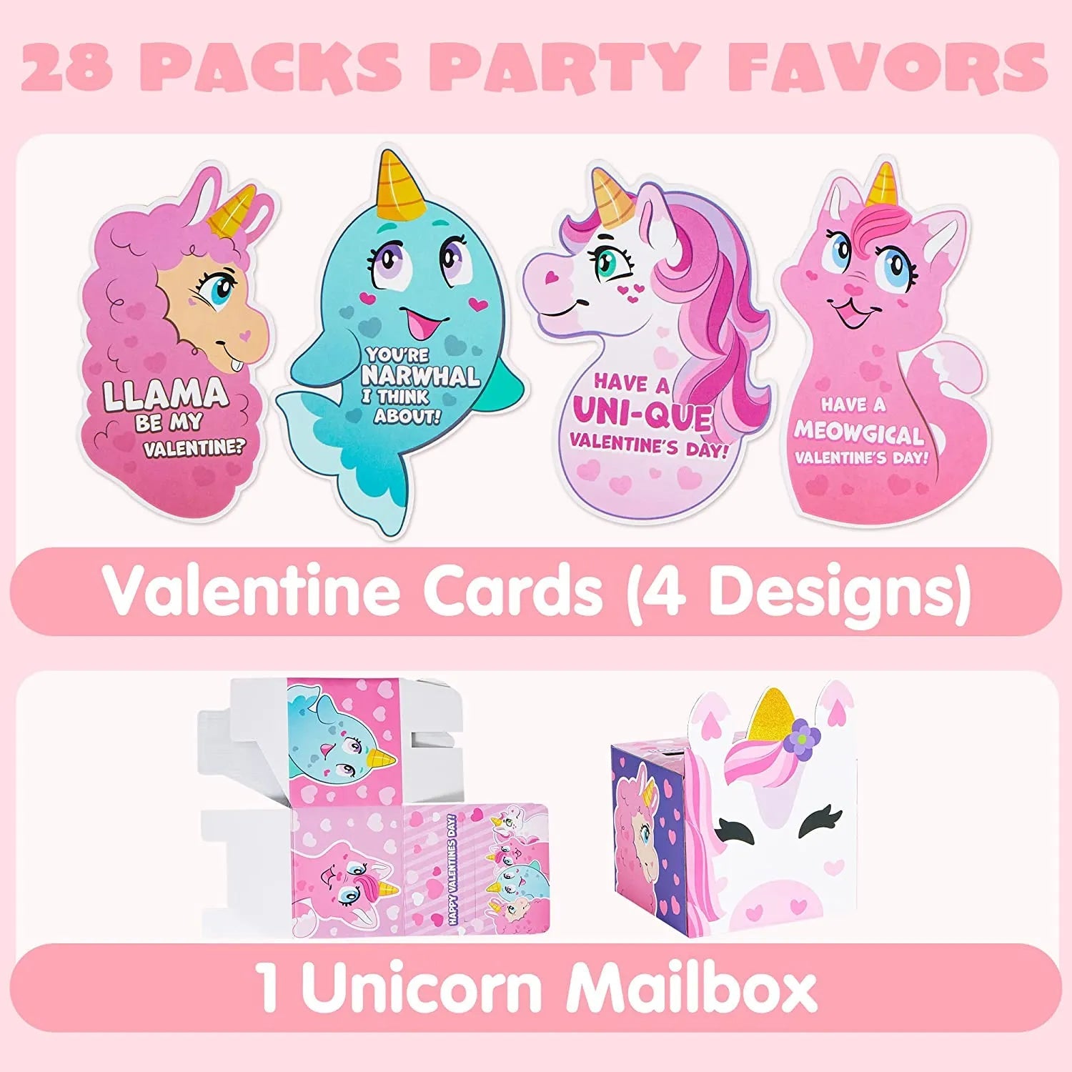 28Pcs Kids Valentine's Day Cards with Unicorn Mailbox - Classroom Exchange Gifts