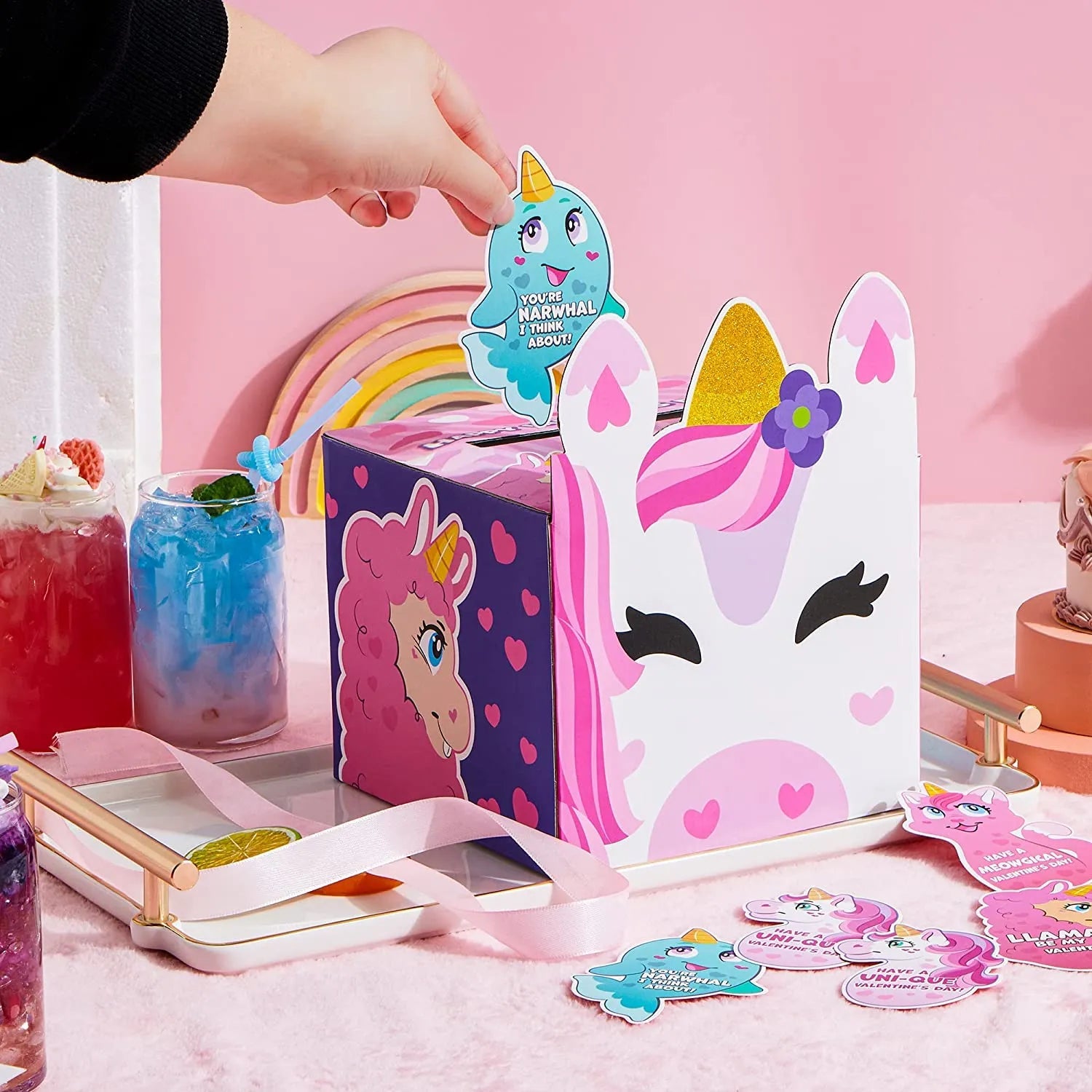 28Pcs Kids Valentine's Day Cards with Unicorn Mailbox - Classroom Exchange Gifts