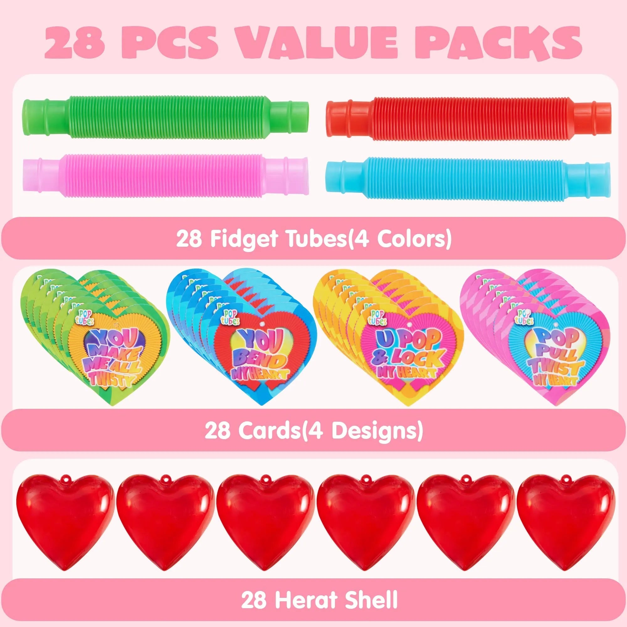 28-Pack Push Bubble Tubes Heart Shell Filled Hearts with Valentine's Day Cards for Kids Classroom Exchange Gifts