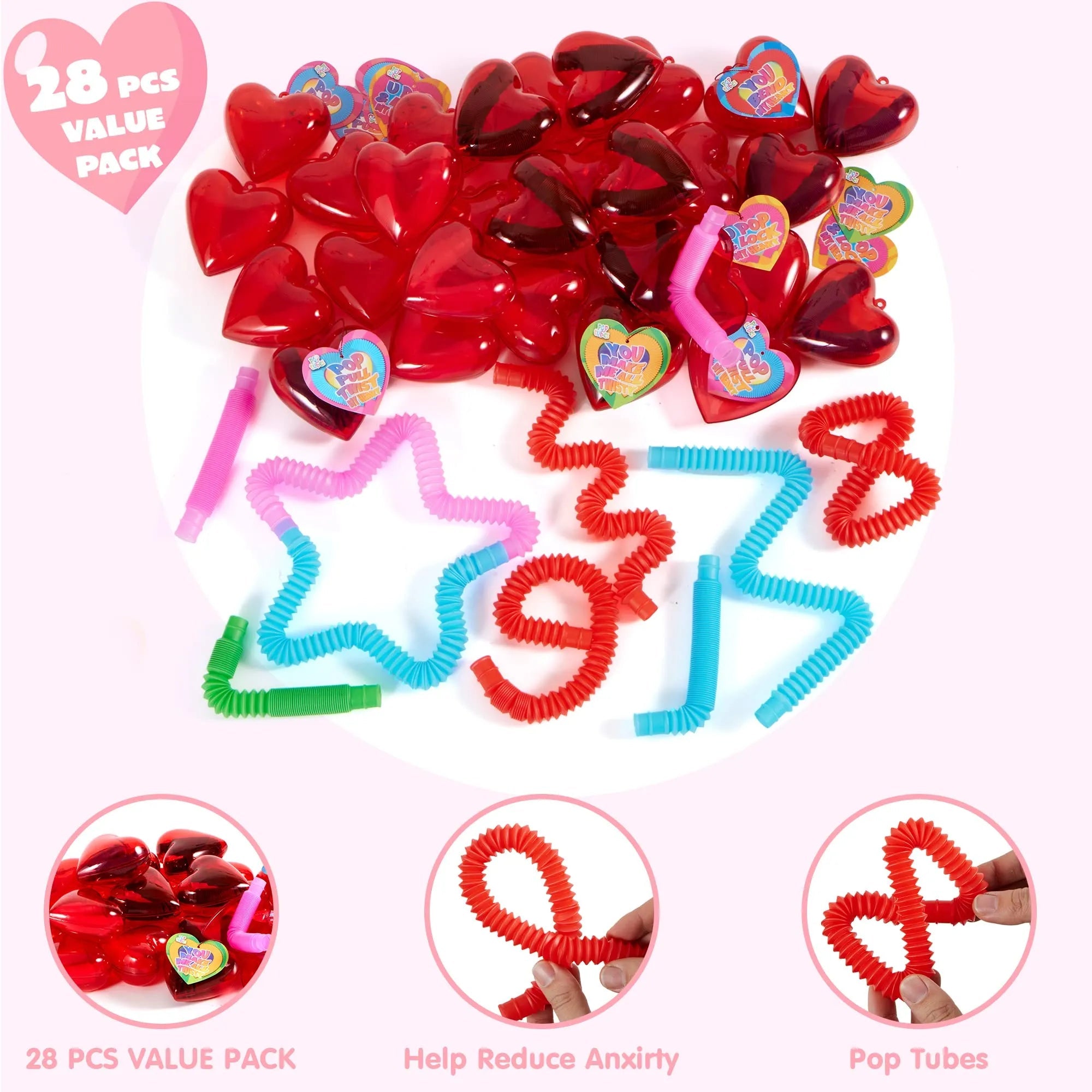 28-Pack Push Bubble Tubes Heart Shell Filled Hearts with Valentine's Day Cards for Kids Classroom Exchange Gifts