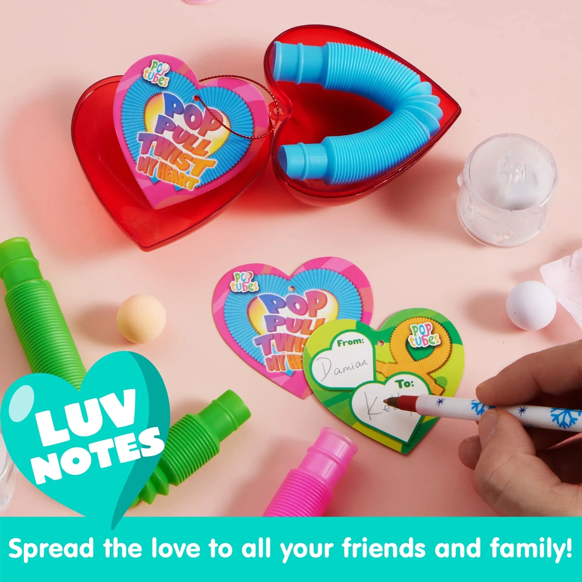 28-Pack Push Bubble Tubes Heart Shell Filled Hearts with Valentine's Day Cards for Kids Classroom Exchange Gifts