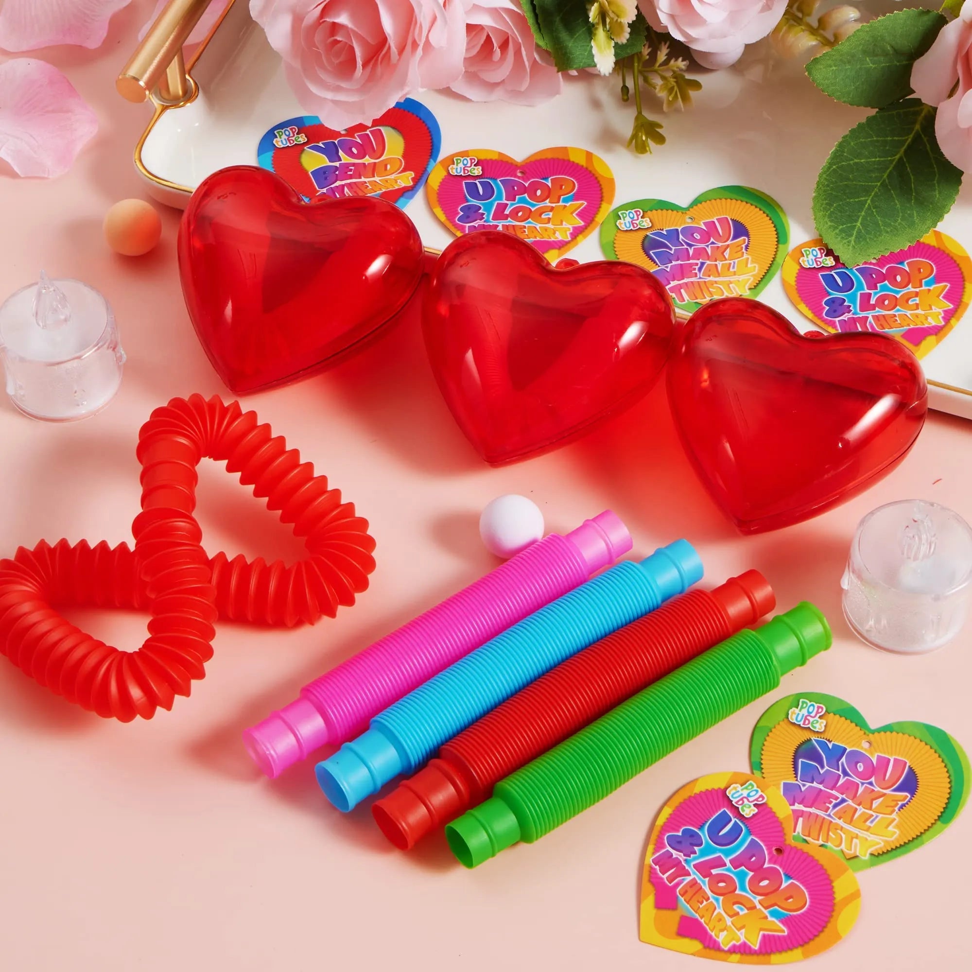 28-Pack Push Bubble Tubes Heart Shell Filled Hearts with Valentine's Day Cards for Kids Classroom Exchange Gifts