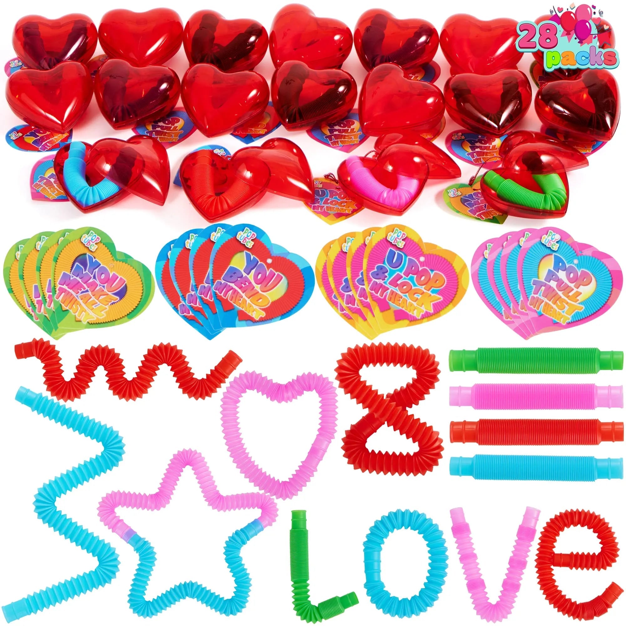 28-Pack Push Bubble Tubes Heart Shell Filled Hearts with Valentine's Day Cards for Kids Classroom Exchange Gifts
