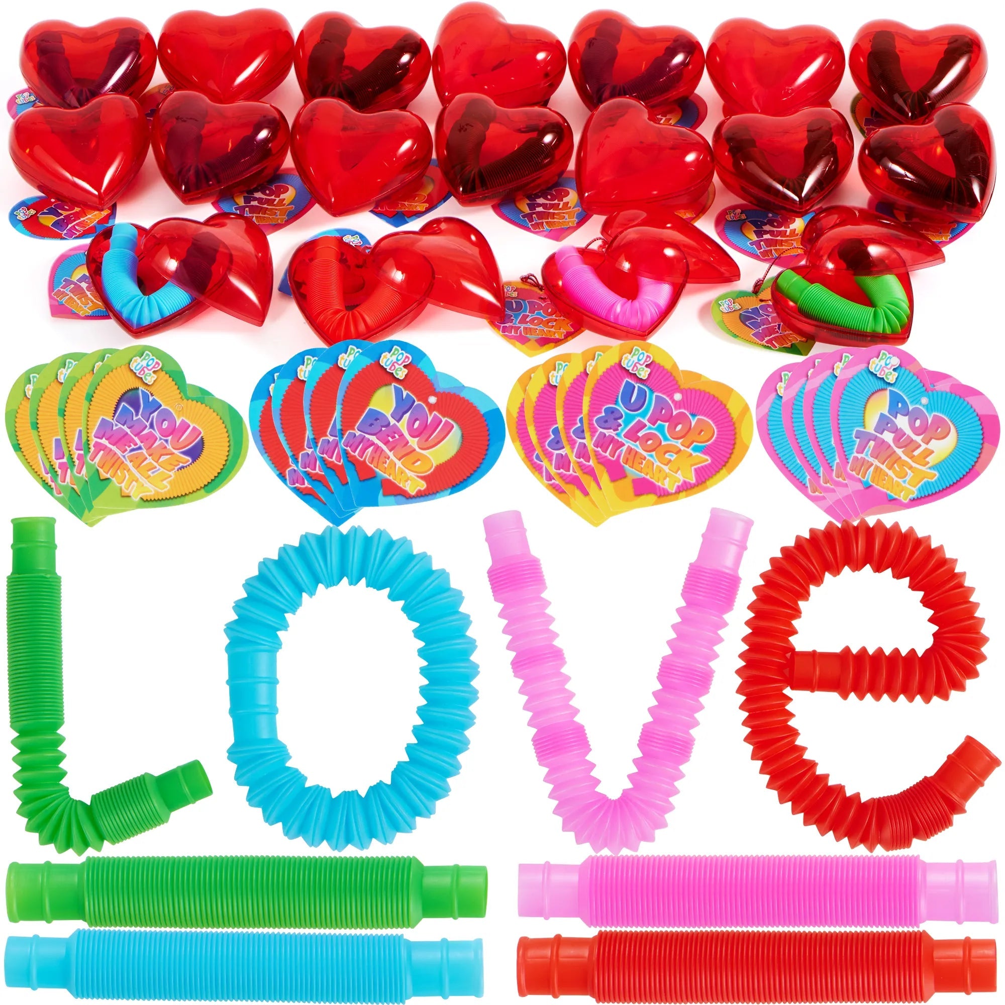 28-Pack Push Bubble Tubes Heart Shell Filled Hearts with Valentine's Day Cards for Kids Classroom Exchange Gifts