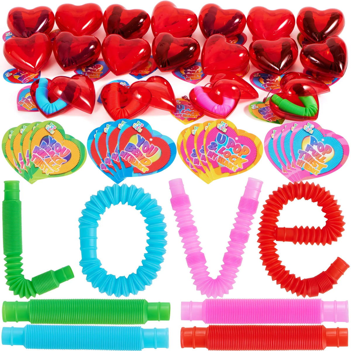 28-Pack Push Bubble Tubes Heart Shell Filled Hearts with Valentine's Day Cards for Kids Classroom Exchange Gifts