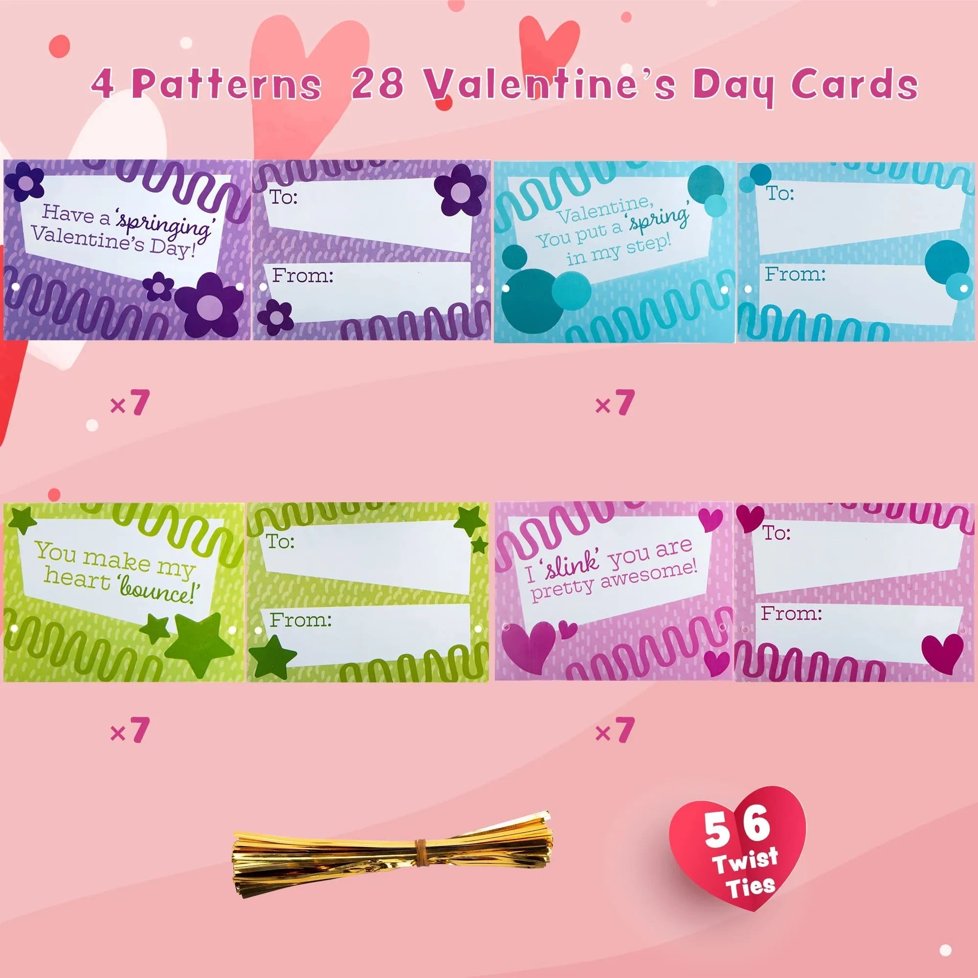 28-Pack Rainbow Spring Toys with Valentine's Day Cards for Kids Classroom Exchange Gifts