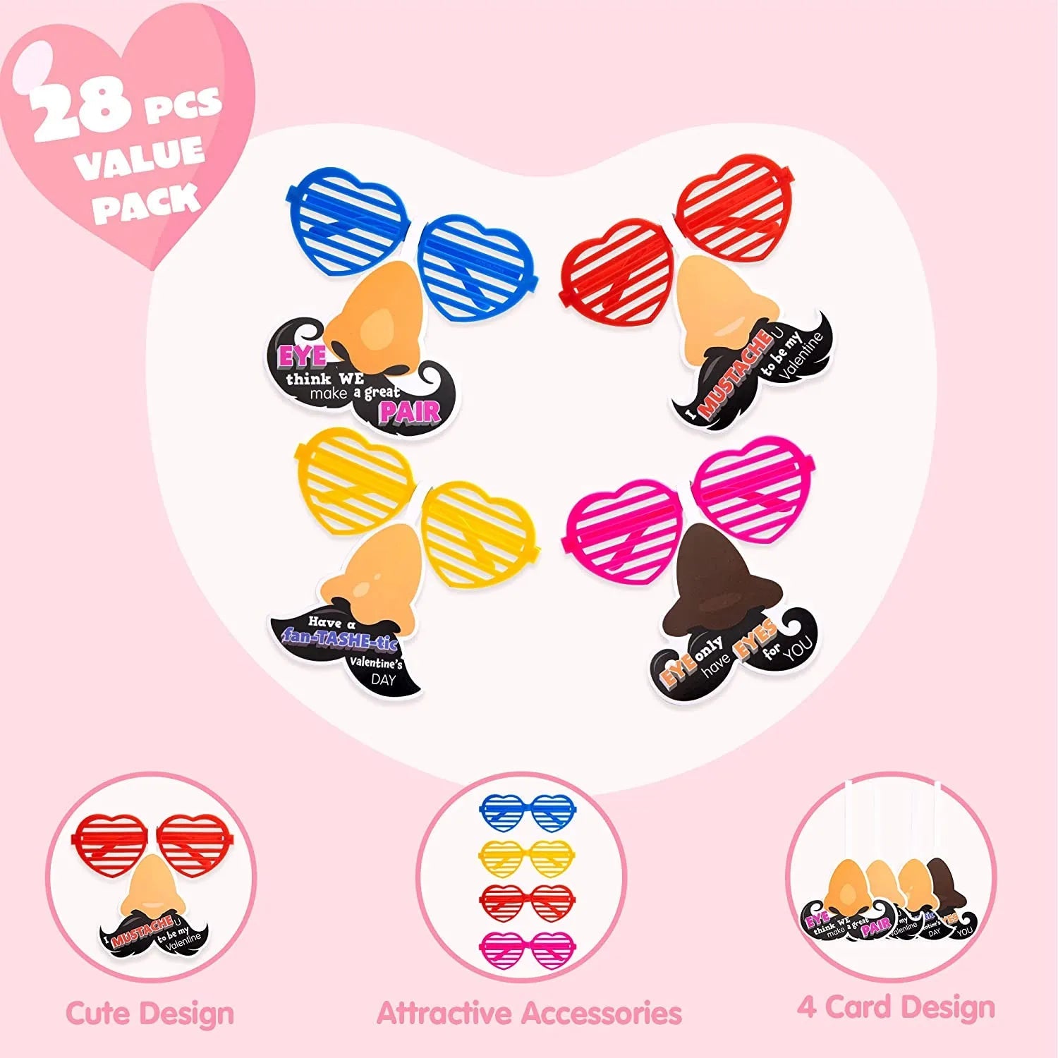 28Pcs Shutter Shade Accessories with Valentine's Day Cards for Kids - Classroom Exchange Gifts