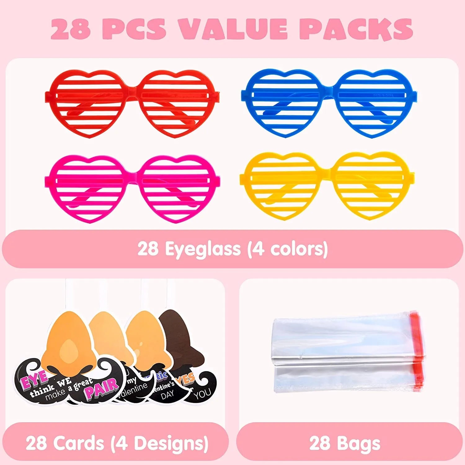 28Pcs Shutter Shade Accessories with Valentine's Day Cards for Kids - Classroom Exchange Gifts