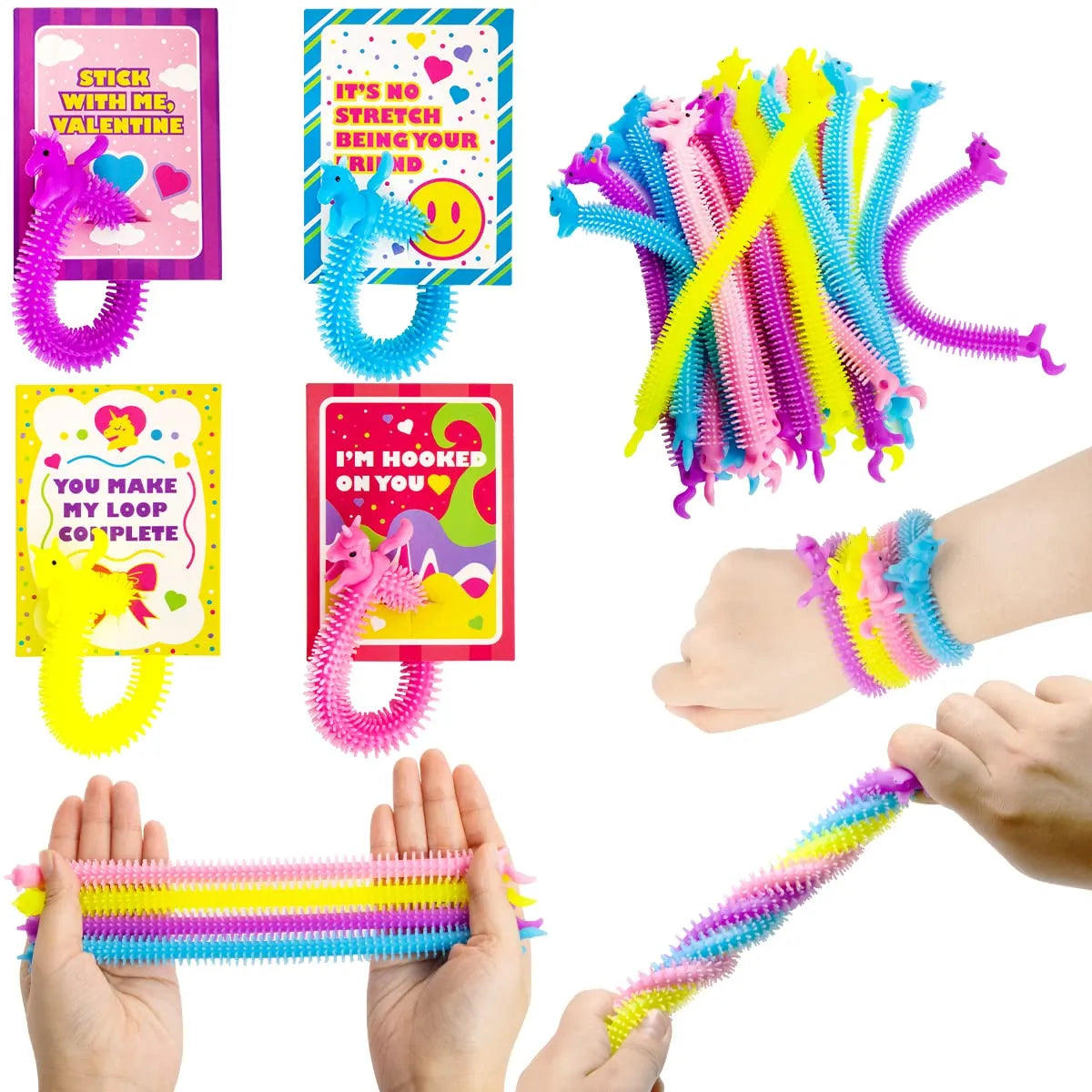 28 Pcs Stretchy String with Valentine's Day Cards for Kids Classroom Exchange Gifts