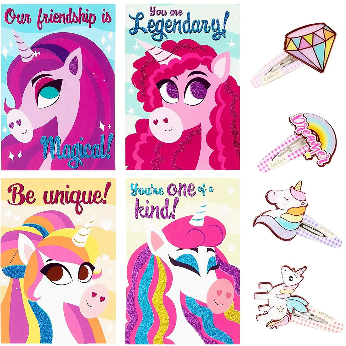 28 Unicorn Hairpins with Valentine's Day Cards for Kids - Classroom Exchange Gifts