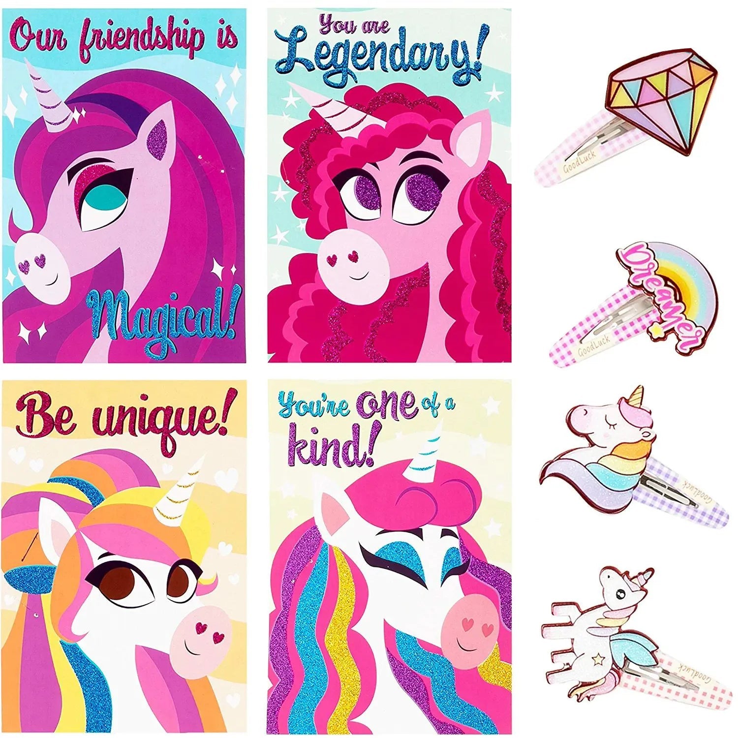 28 Unicorn Hairpins with Valentine's Day Cards for Kids - Classroom Exchange Gifts