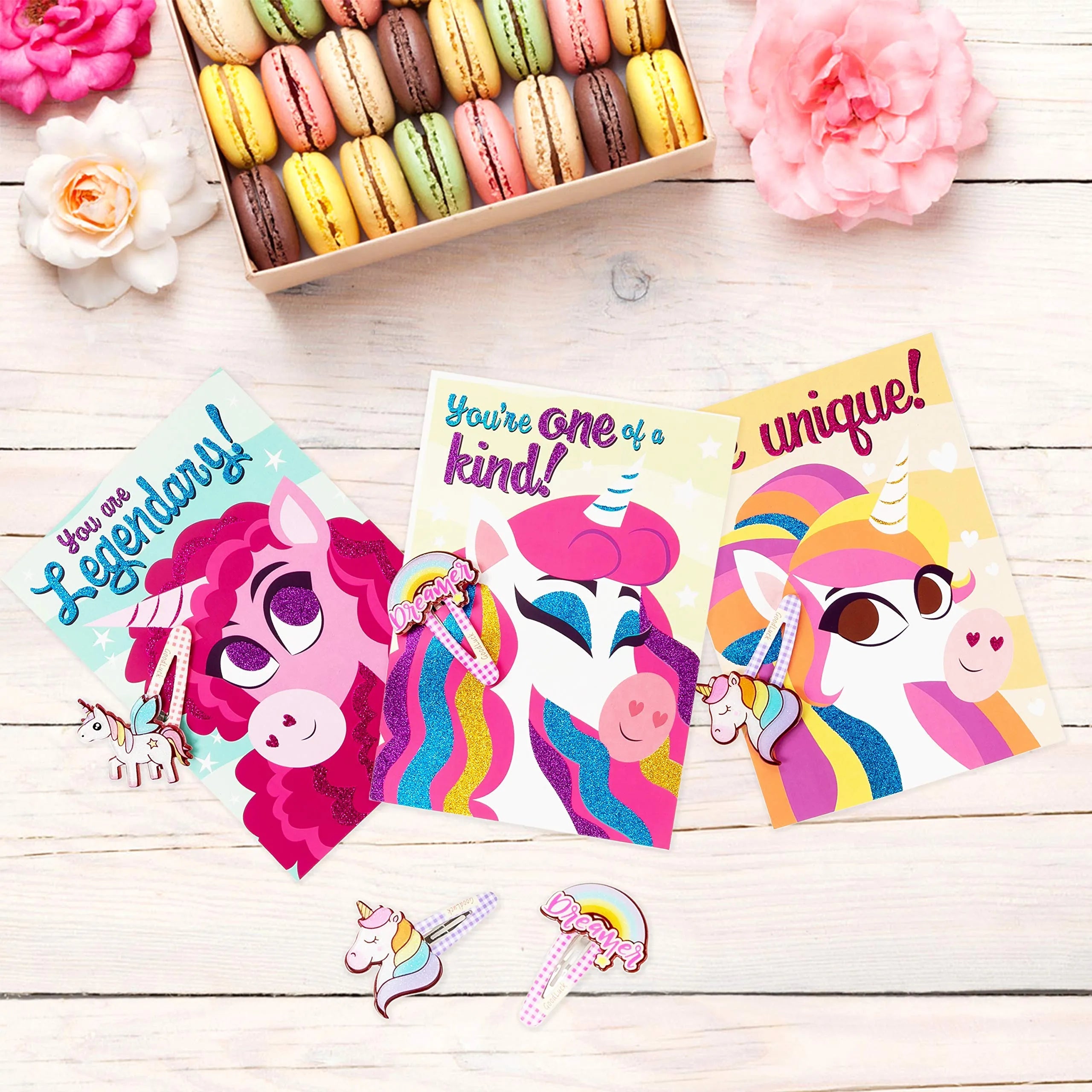 28 Unicorn Hairpins with Valentine's Day Cards for Kids - Classroom Exchange Gifts