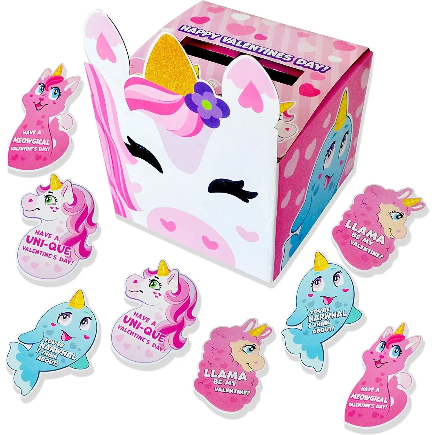 28Pcs Kids Valentine's Day Cards with Unicorn Mailbox - Classroom Exchange Gifts