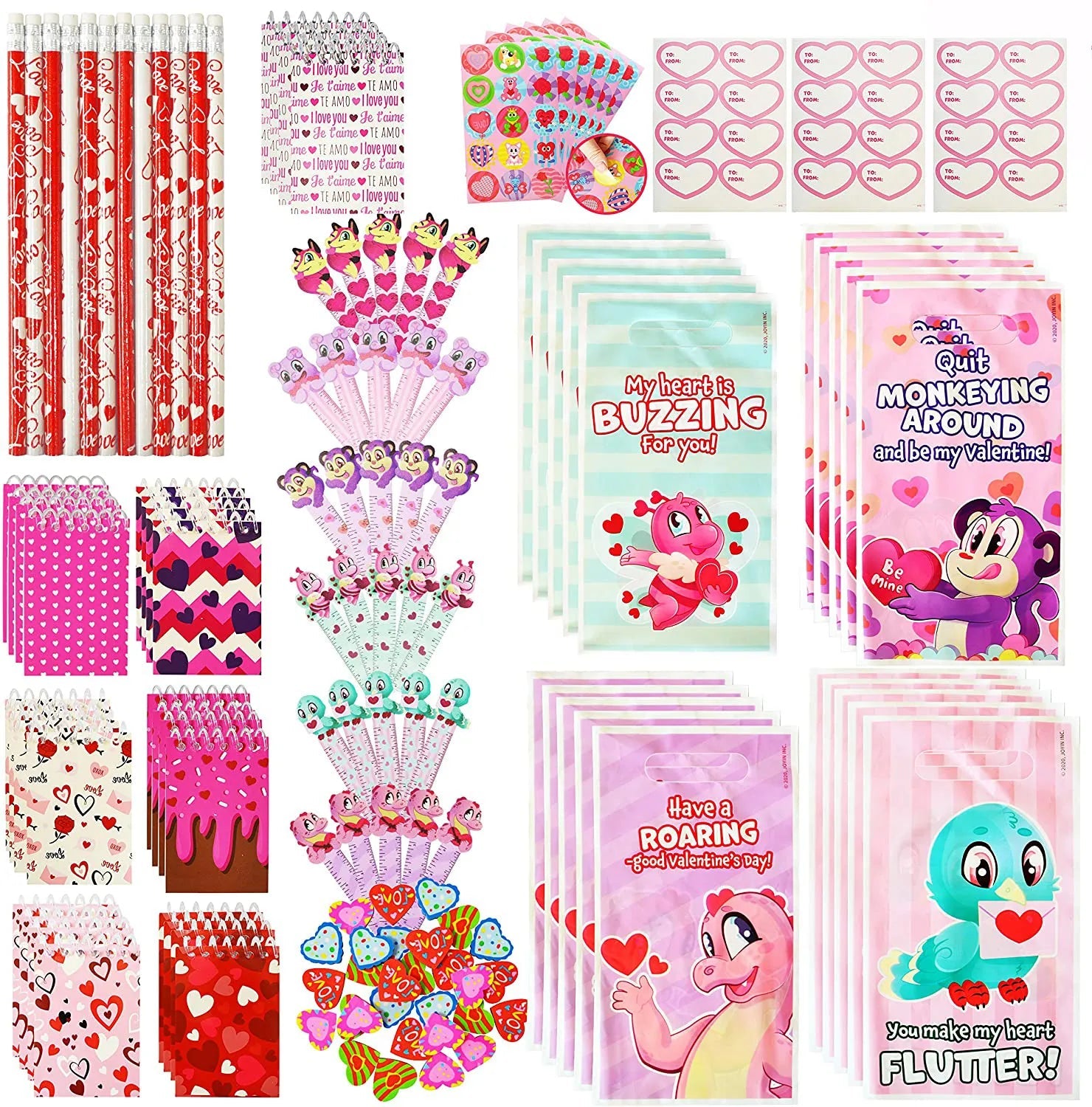 28-Piece Valentine's Day Stationery Set with Treat Bags for Kids Classroom Exchange Gifts